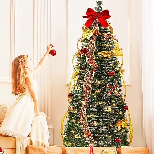 Árbol de Navidad desplegable de 6 pies preiluminados con luces árbol de Navidad artificial iluminado totalmente decorado con bolas de Navidad de oro