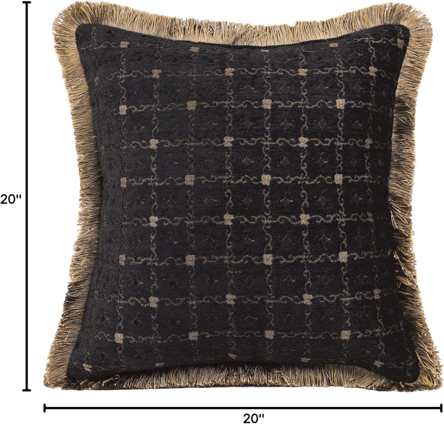 Austin Horn Classics 20” x 20” Chenille Jacquard Decorative Pillow - Black & Gold Accent Cushion with Contrast Brush Fringe Edge, Polyester Fiber Filled, Spot Clean Only