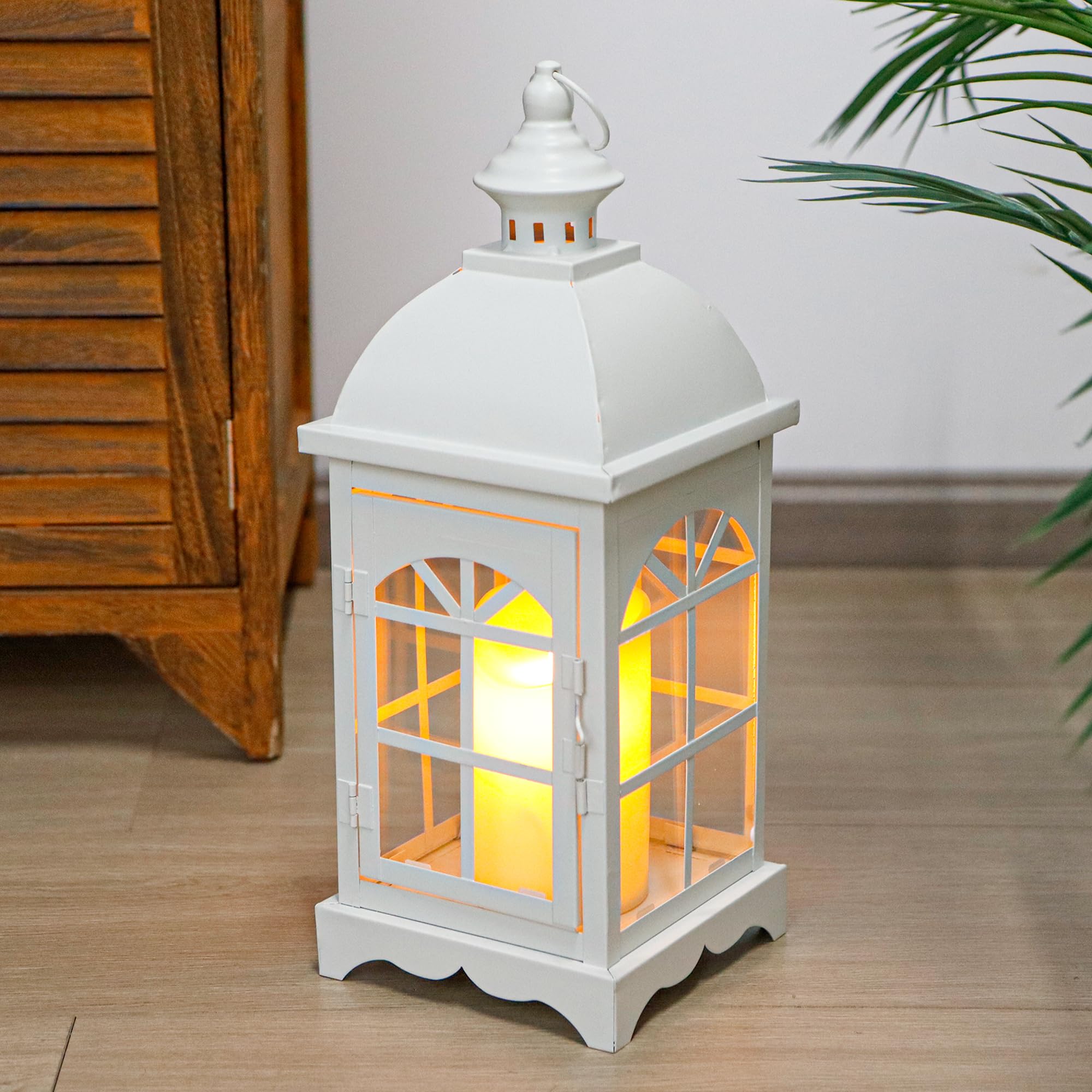 TRIROCKS Dekorative Vintage-Kerzenlaternen, 37 cm Hoch, Bauernhaus-Hängekerzenhalter mit Gehärtetem Glas, für Veranda, Balkon, Terrasse, Haus, Garten, Hochzeit, Drinnen und Draußen (Weiß)