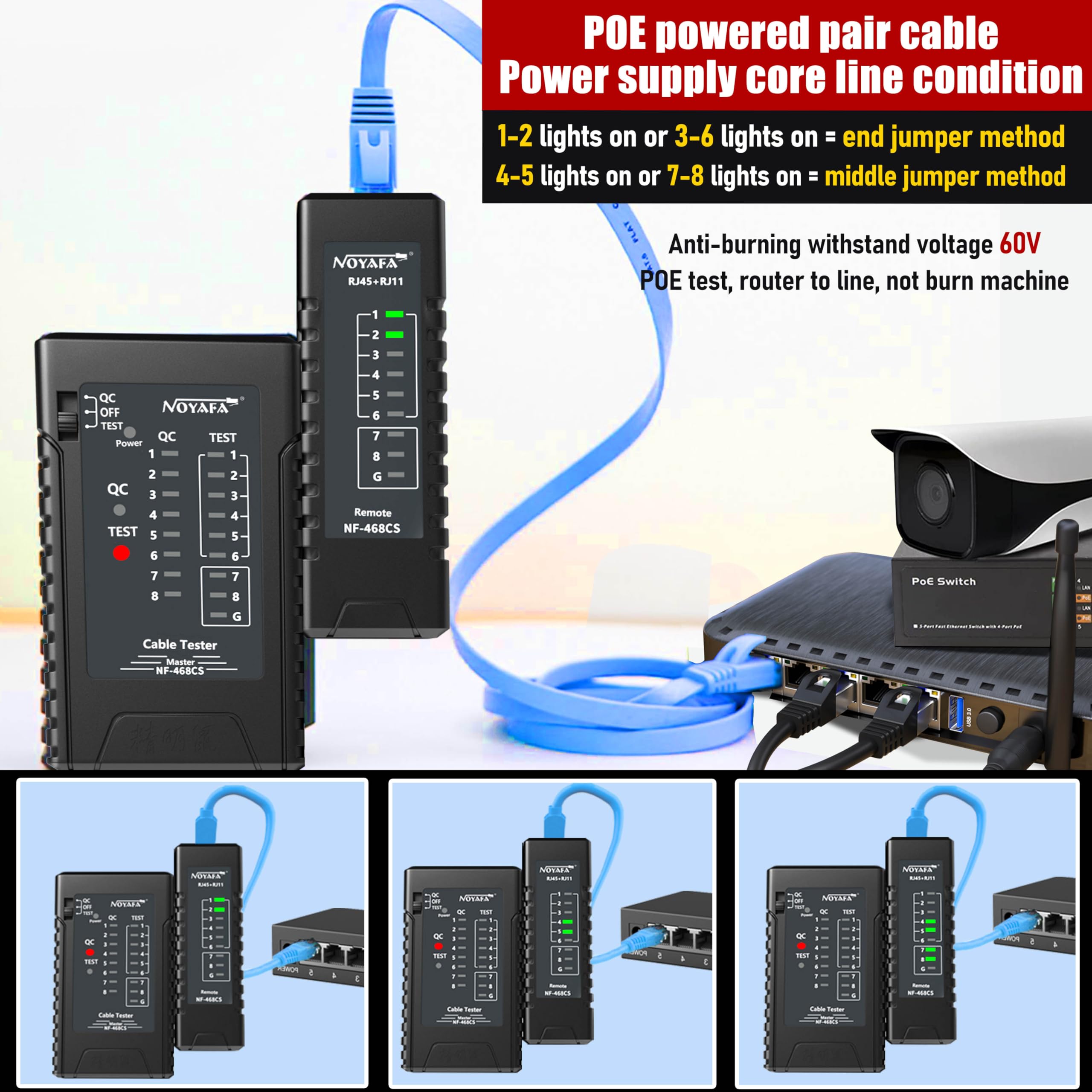 NF-468CS Testeur de câble réseau Ethernet pour câbles RJ45 RJ11 RJ12 POE/Cat5 Cat5e Cat6 Cat6a Cat7 UTP/Shield Câbles LAN Outil de test de câble de vérification de connexion LAN (qualité