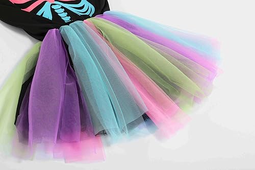 Miniatura 5 de Disfraz de esqueleto arcoíris para niñas, juego de vestido tutú que brilla en la oscuridad con extensiones de cabello para Halloween