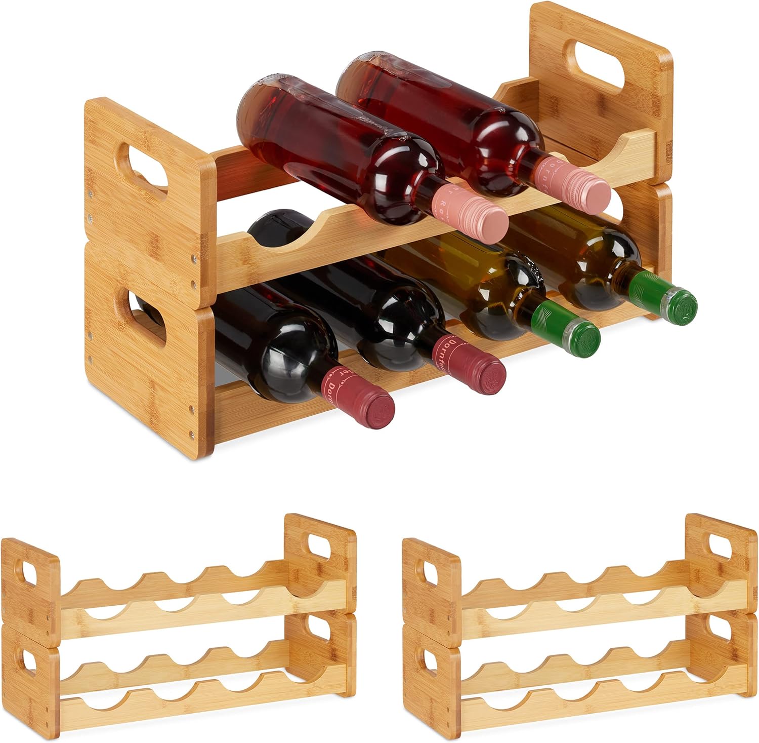 Relaxdays Cantinetta Portabottiglie, Scaffale Per 8 Bottiglie Di Vino In Orizzontale E 6 Bicchieri 35x45x23 Cm Bambu 87323661