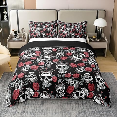 Erosebridal Sugar Skull 100% Cotton Bedding Set,Gothic Hippie Skeleton Comforter Cover Queen Size,Red Roses Flower Floral Botanical Bedspread Cover,Halloween Decor Queen Crown Quilt Cover,Red Black
