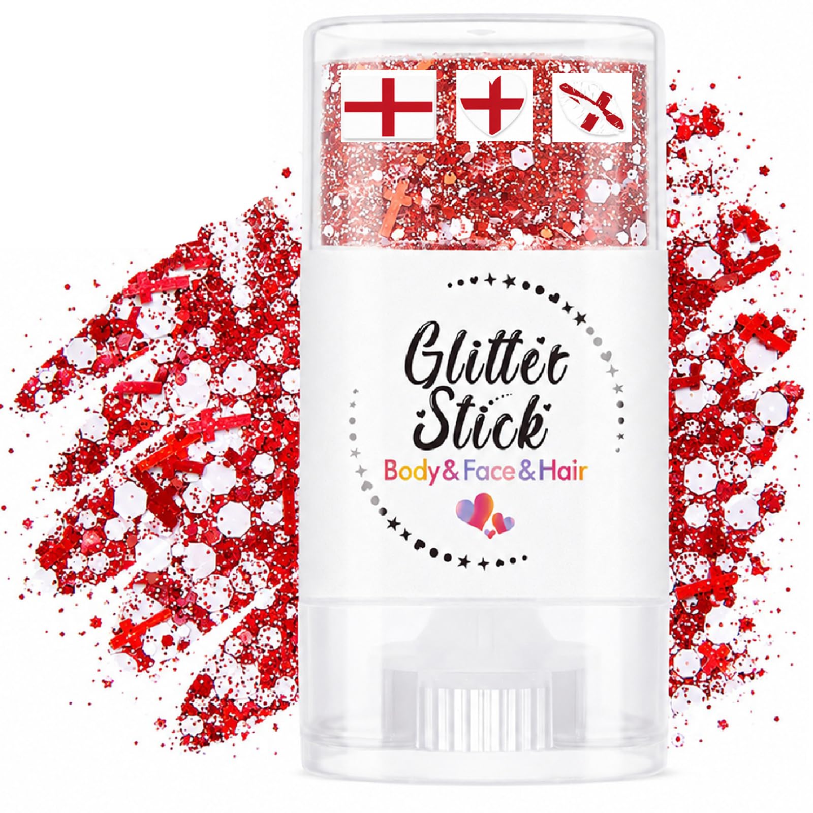 England Glitter Stick for Face & Hair - Holographic Long Lasting Twist Up Sparkle Gel Makeup, Includes 3 England Tattoo Stickers for Football Match Party Festival Concert Carnival