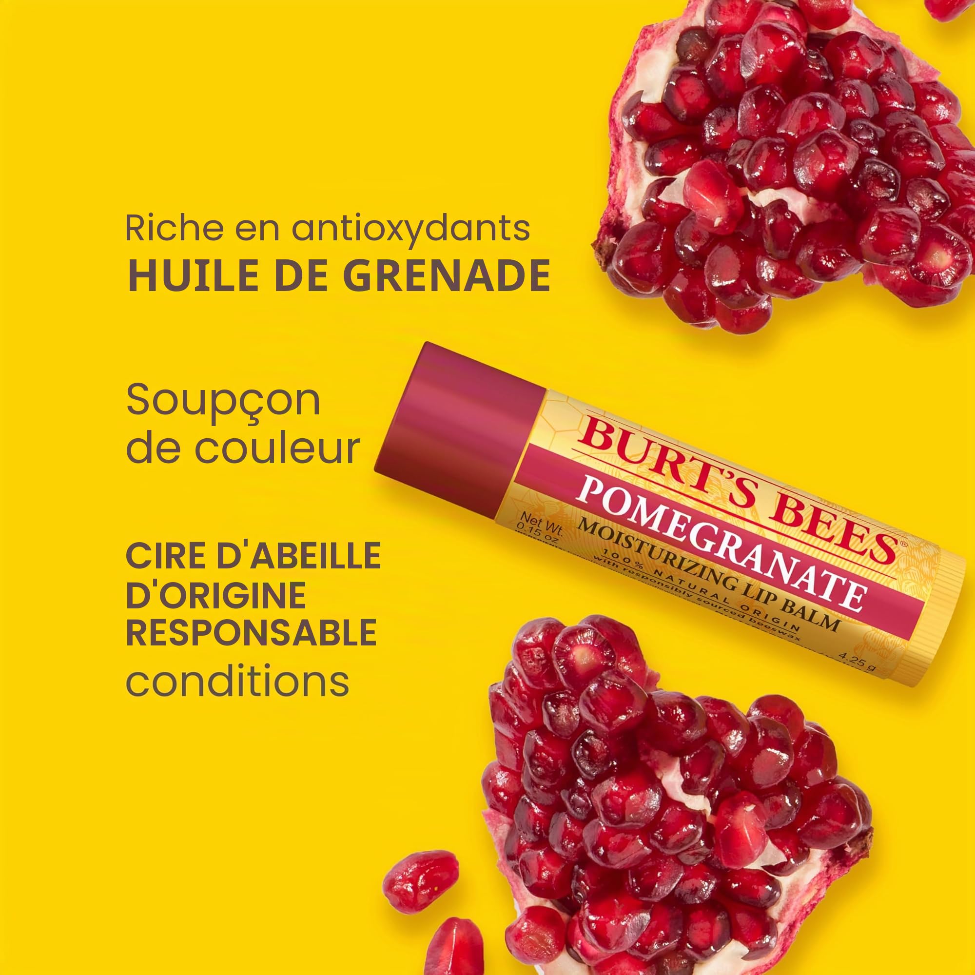 Burt's Bees Baume à lèvres teinté 100% naturel, grenade, à la cire d'abeille et aux extraits de fruits, 1 crayon