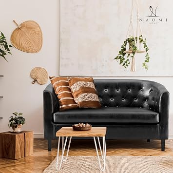 Naomi Home Emma Modern Loveseat Sofa, Faux Leather Loveseat - Black | Faux leather button tufting and wooden legs create a stylish barrel chair for living rooms, bedrooms and offices