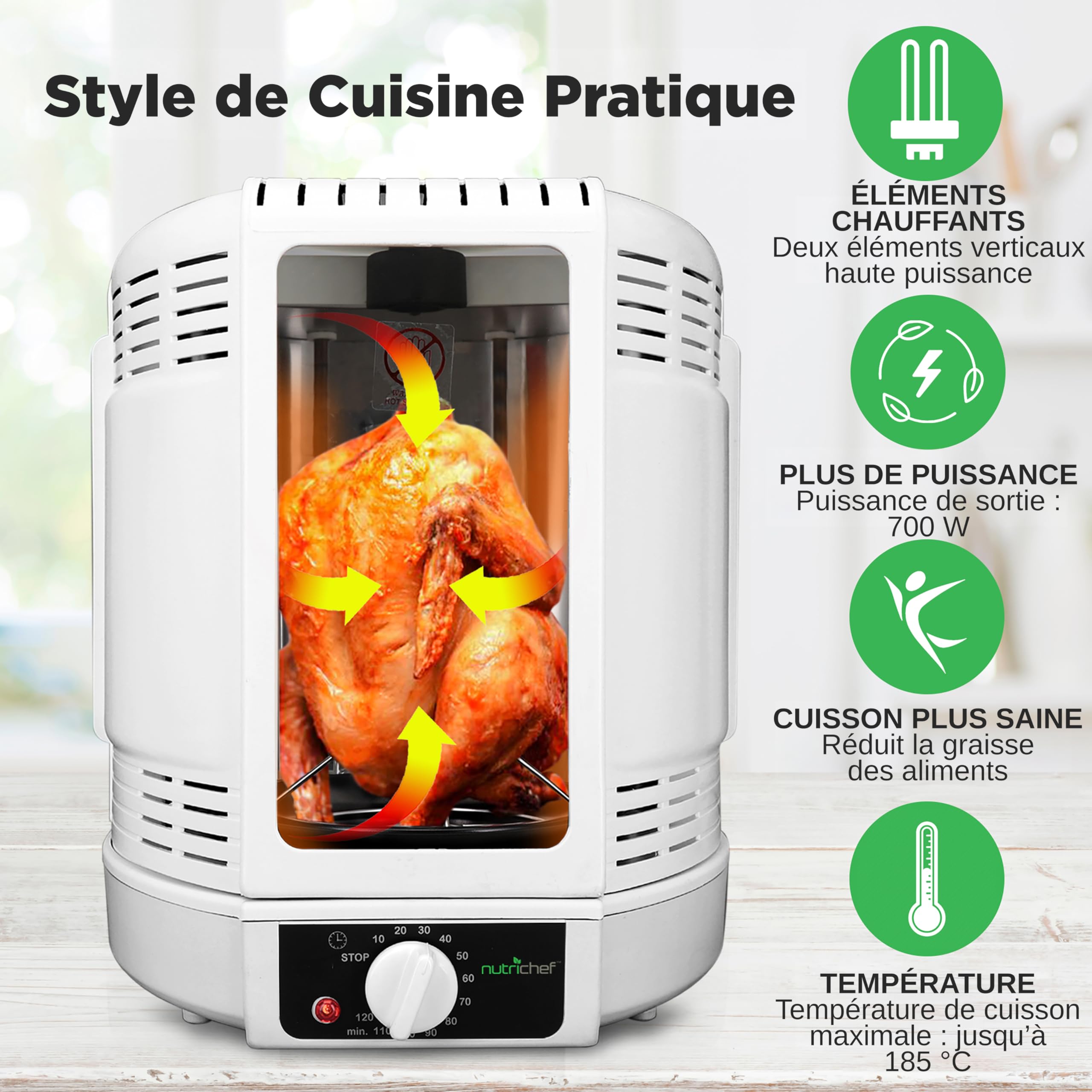 NutriChef Gril Vertical à Rôtissoire – Airfryer Électrique avec Broche Rotative | Mini-Four à Chaleur Tournante, Poulet, Viandes, Döner, Inclus Accessoires