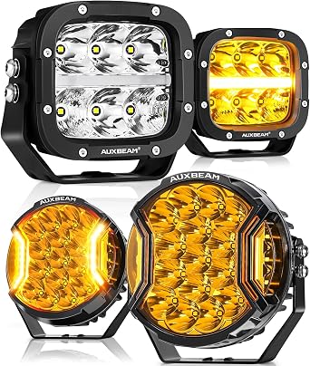 Auxbeam XP-Ultra Series 5Inch Amber DRL LED Pods & V-Ultra Series 7Inch Side Shooter Round Offroad Lights, Multi Color Off Road Light Bar Automotive Driving Light Auxiliary Fog Lights