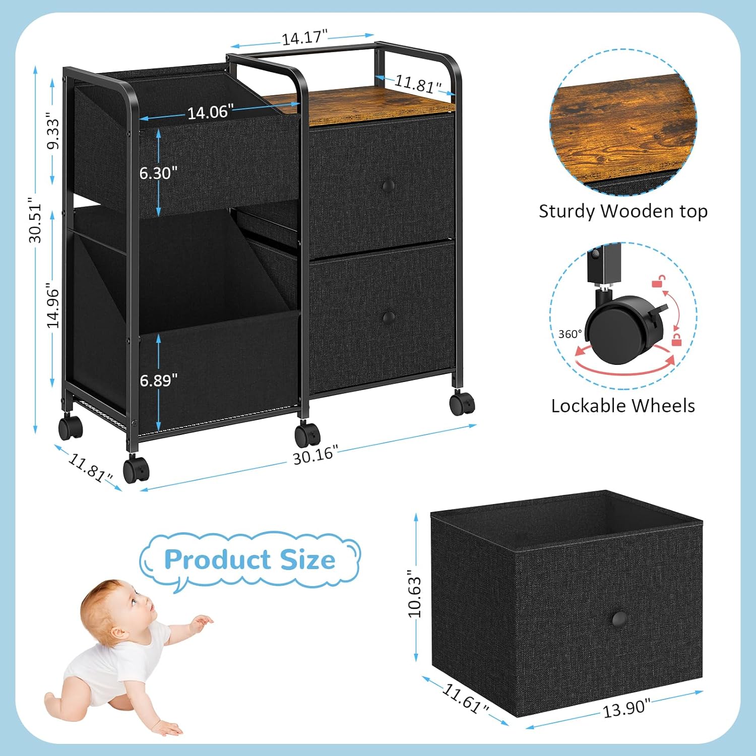 Baby Diaper Caddy Organizer Cart with Wheels, Rolling Cart with Dividers and Drawers, Mobile Utility Cart Bedside for Nursery, Bedroom, Baby Newborn Essentials Storage Cart, Black
