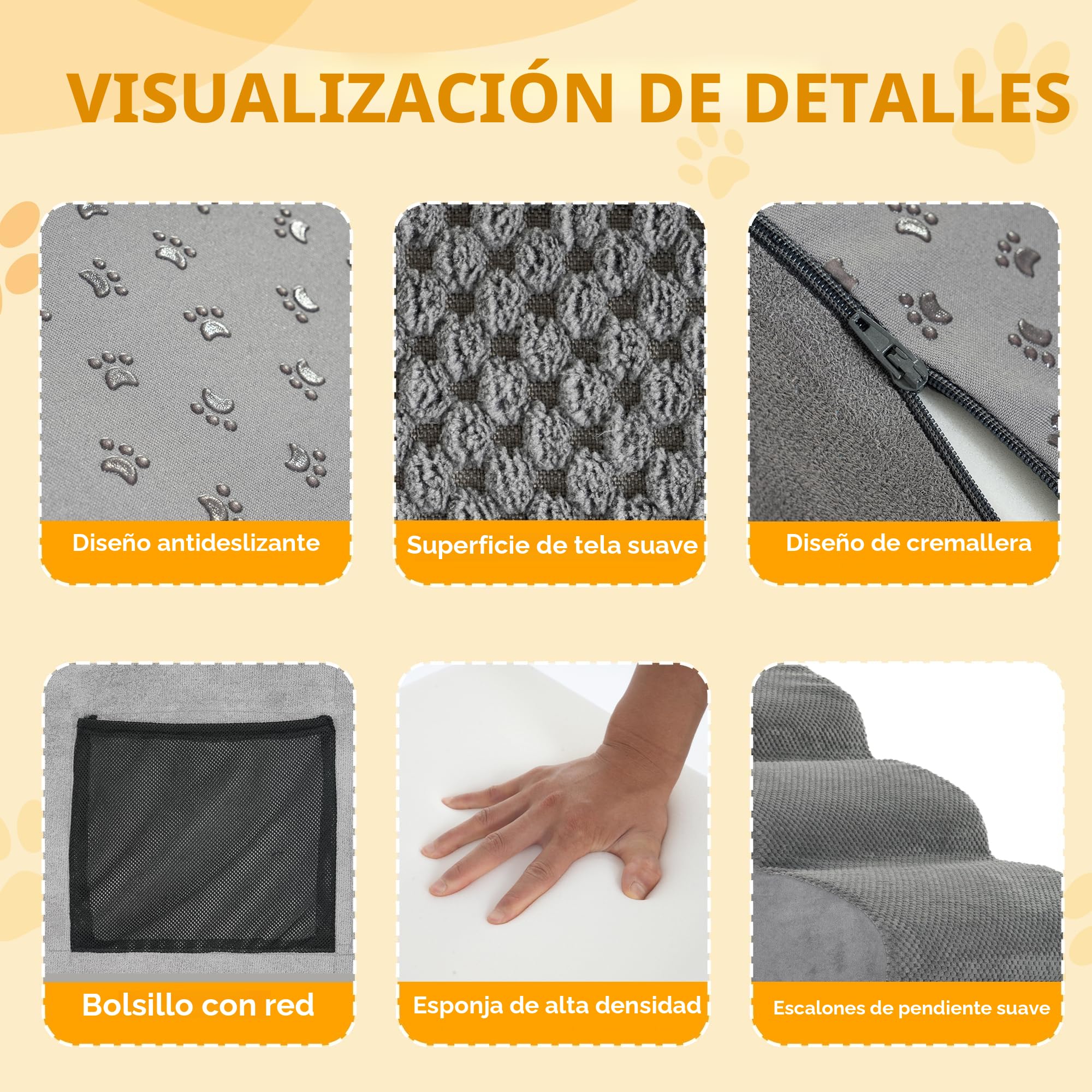 YunNasi Escalera de 2 Etapas para Perros y Gatos, Rampa para Mascotas Pequeñas, con Funda Lavable y Fondo Antideslizante, para Sofá o Cama (2 Pasos-Gris)