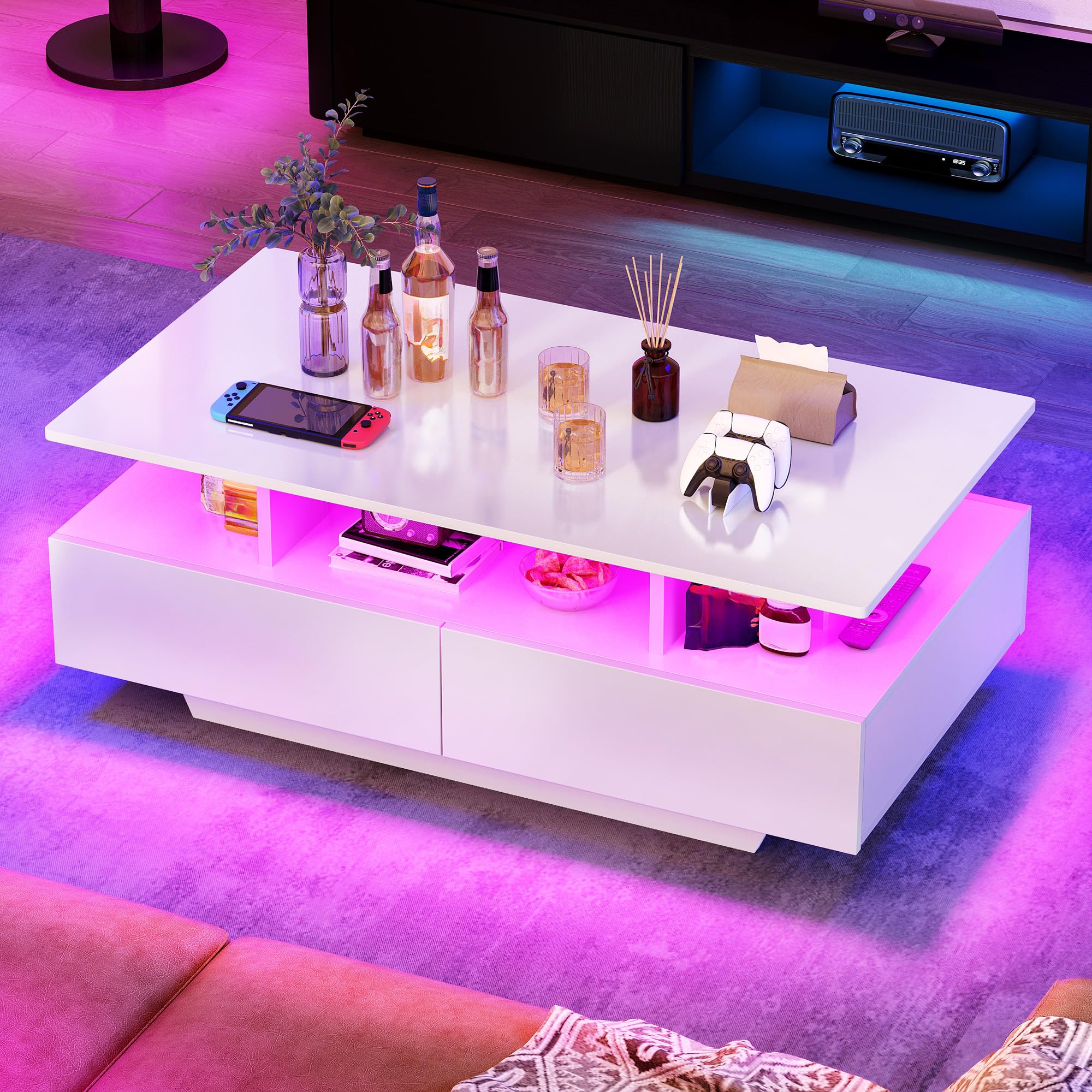 YITAHOME Mesa de Centro con 16 Colores LED para Sala, Mesa Cafe Madera con Estante Abierto y 4 cajones, Mesa de Centro Blanca Moderna