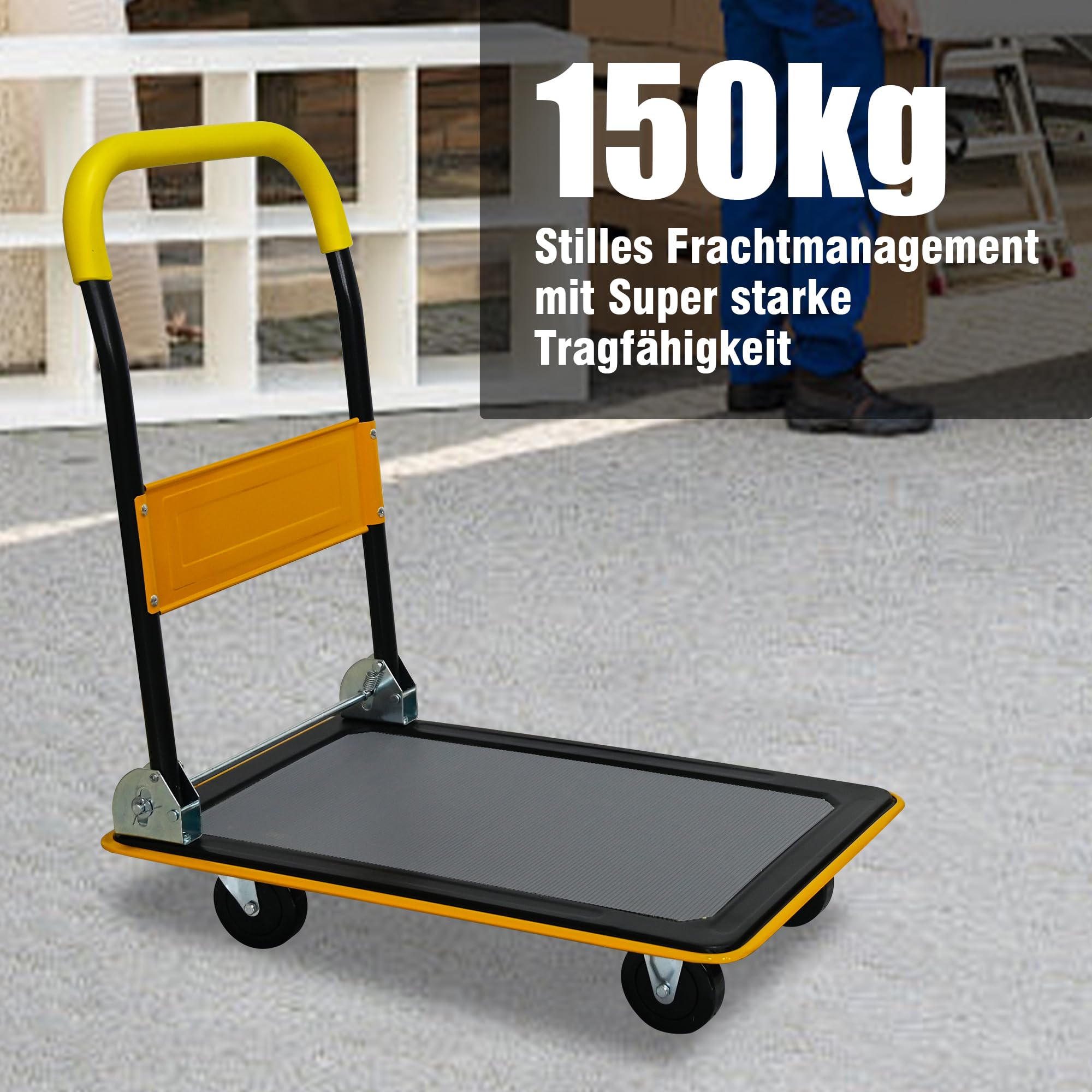 Plattformwagen, Transportwagen, Faltbarer Klappwagen 150 kg, gelber Handwagen mit 360 Grad Schwenkrädern aus Polyurethan für Lager, Beladung und Umzug