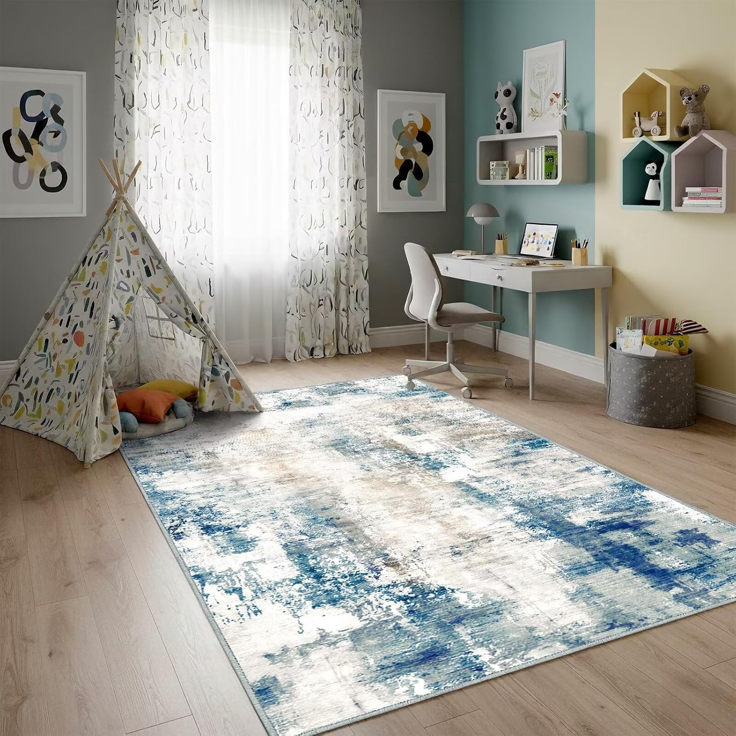 5x7 Area Rugs,Abstract Area Rugs, Modern Washable Non-Slip Rug for Living Room, Bedroom, Dining Room, Soft Low Pile Carpet, Neutral Decor for Home and Office,Teal Blue
