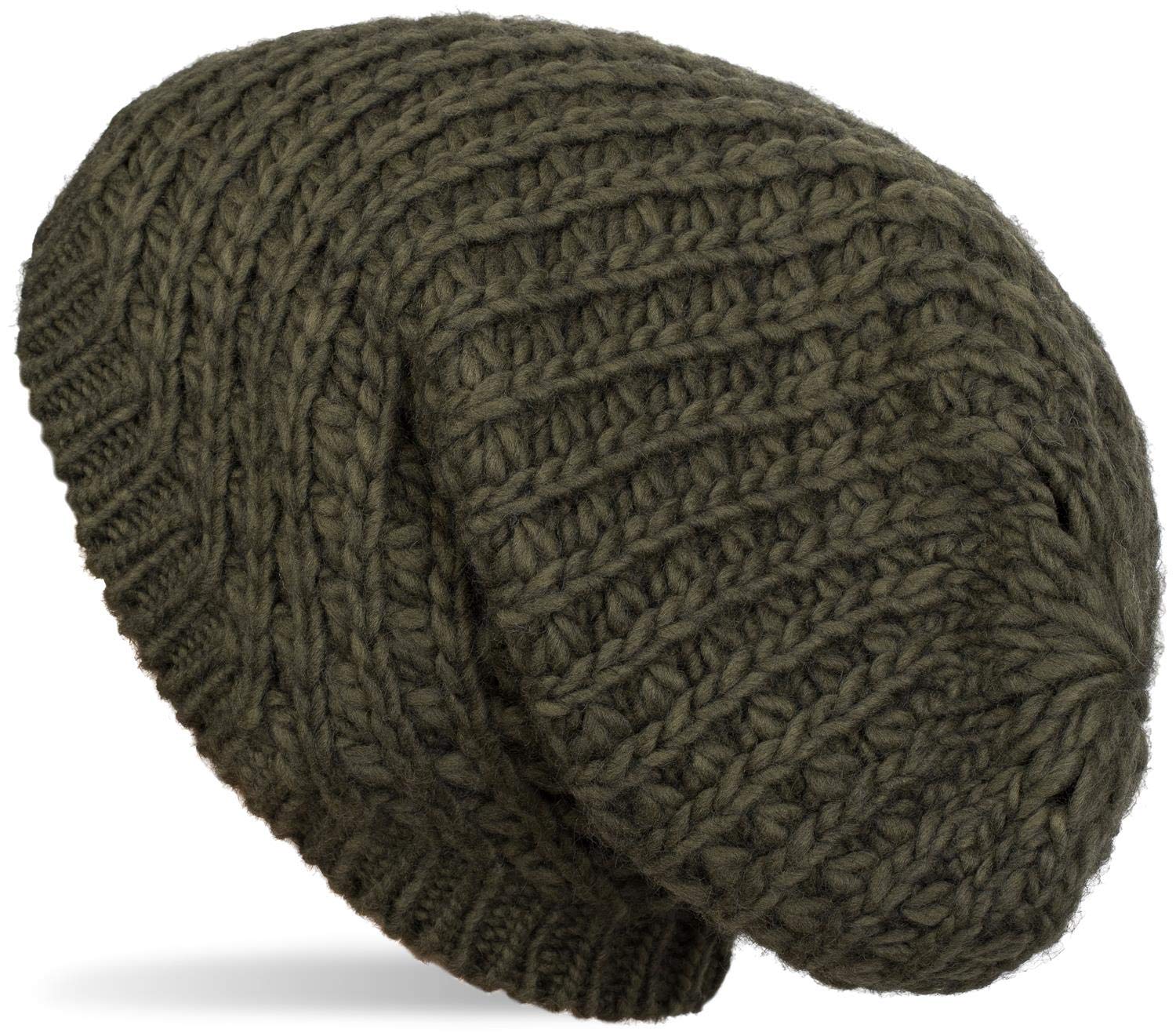styleBREAKER Unisex Knit Beanie with Rough Knit, Long Slouch Beanie, Winter Knit hat 04024158, Colour:Olive