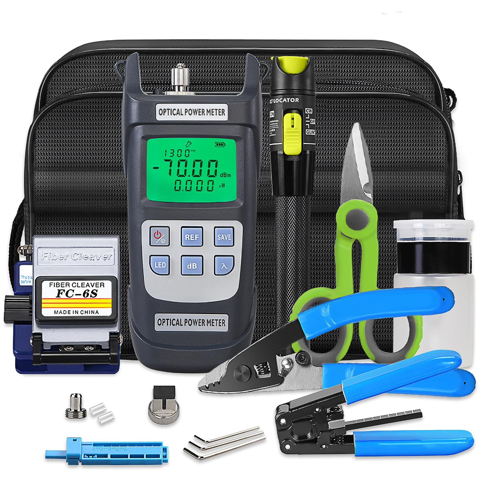Kit d'outils de fibre optique 9 en 1 avec couperet à fibre FC-6S, compteur de puissance optique (-70 - +10 dBm) FTTH outils d'épissure pour l'entretien des câbles et l'installation du réseau