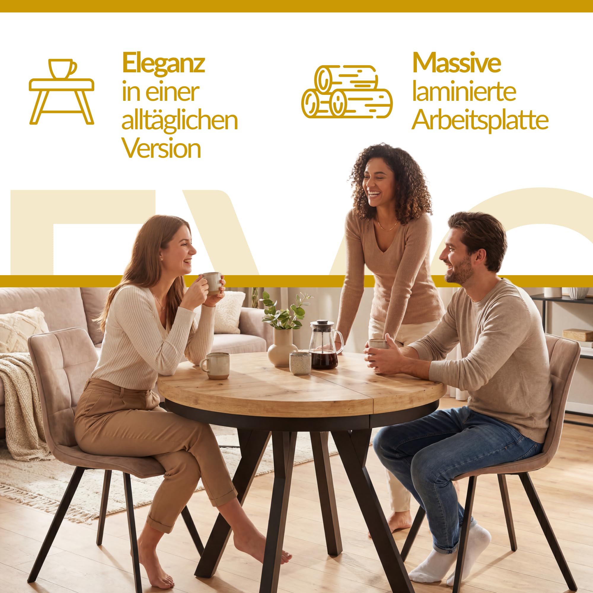 Esstisch Ausziehbar Evo, Stabile Konstruktion, 120-220cm, Graphit | Runder Tish, Moderner Wohnzimmertisch und Küchentisch, Schwarze Beine