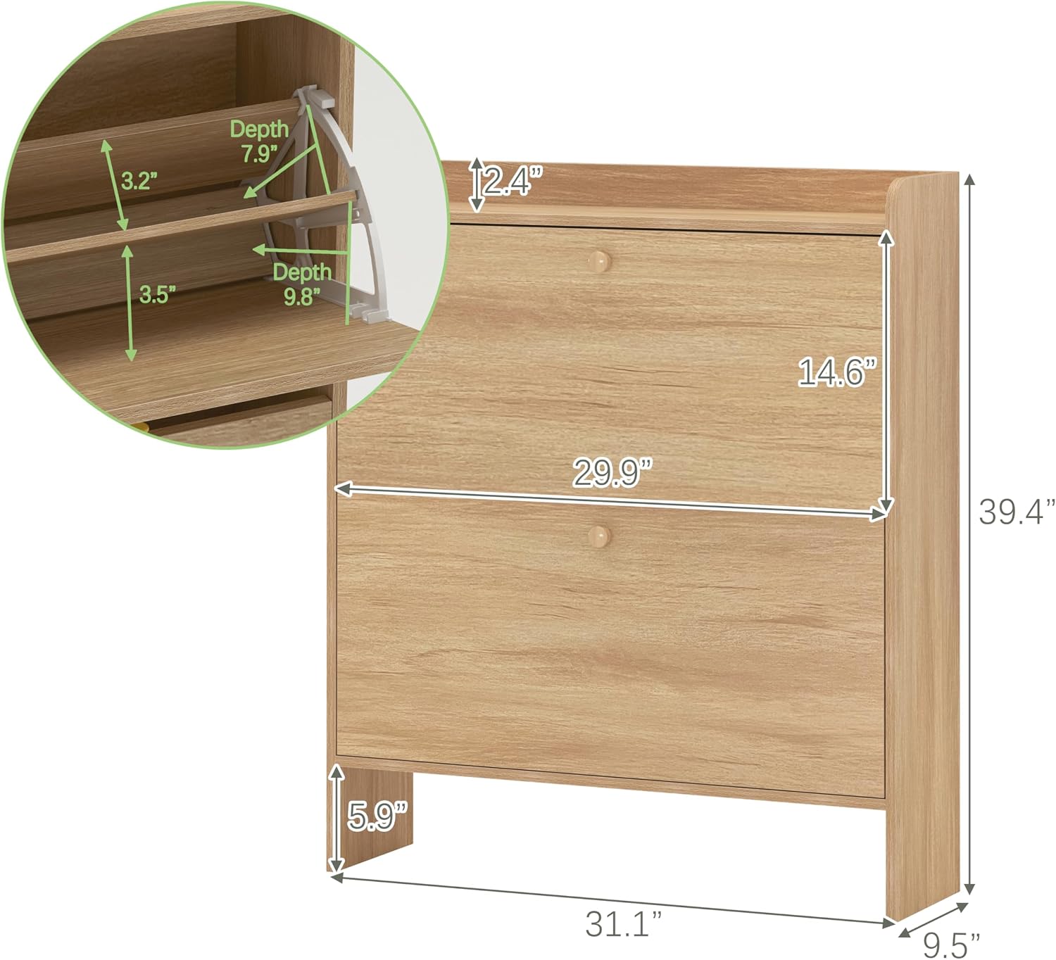Shoe Storage Cabinet with 2 Flip Drawers, Narrow Shoe Rack Organizer for Entryway, Freestanding Shoe Cabinet with Open Storage & Adjustable Shelves, Light Oak