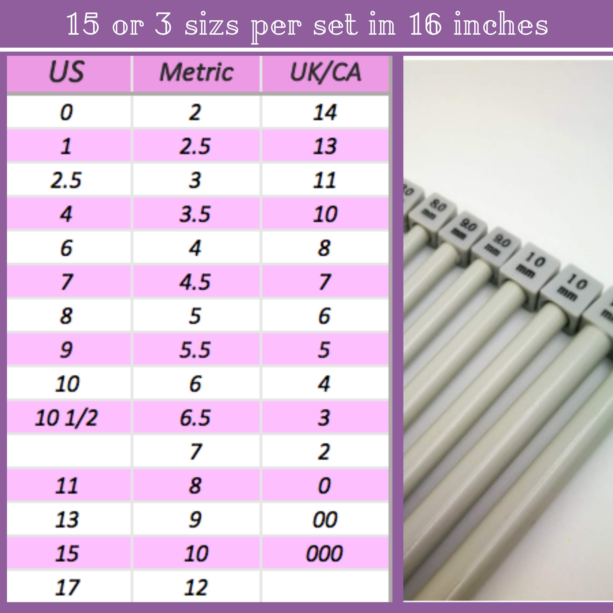 KnitPal Agujas de tejer de metal de una sola punta de 40 cm, (patrones gratis), 3 pares, tallas de EE. UU. 10.5, 10.75 y 11 (6.5, 7 y 8 mm), libro electrónico incluye