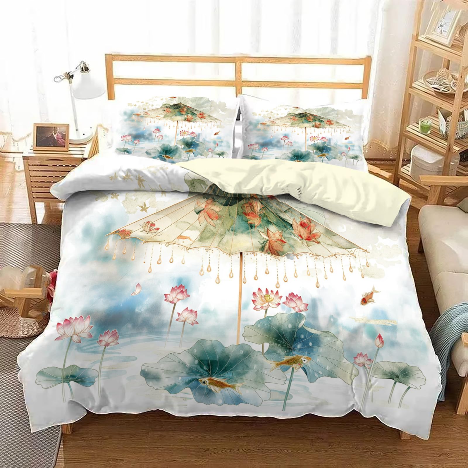 Housse de couette 240x260 microfibre premium douceur absolue imprimé lotus réversible