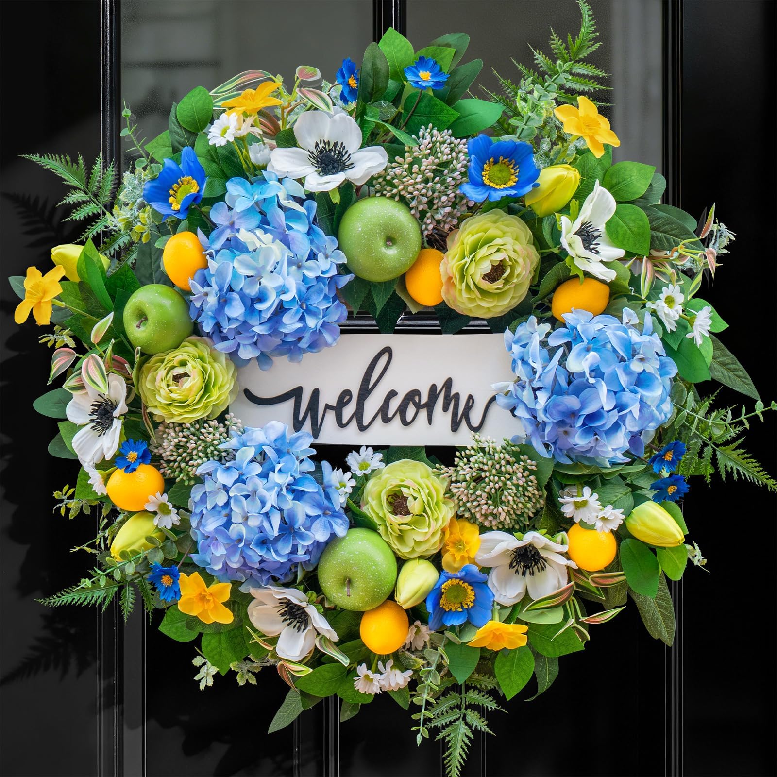Photo 1 of 24 Inch Spring Summer Wreath for Front Door, Blue Spring and Summer Wreath with Hydrangea, Apple & Lemon, Peony Flowers and Greenery, Spring Door Wreath for Indoor Outdoor Decor