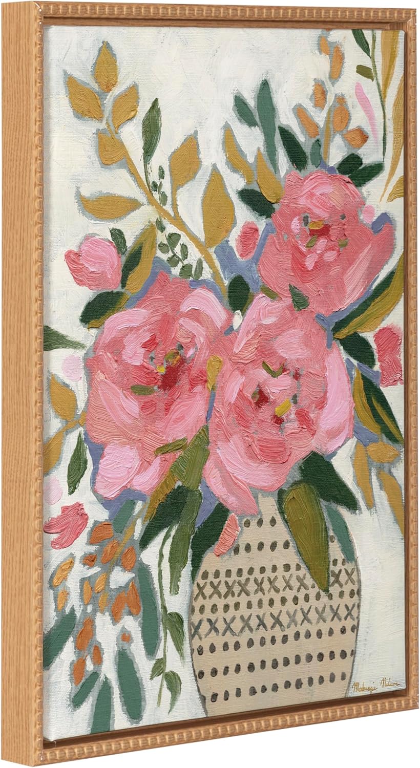 Kate and Laurel Sylvie Beaded Three Pink Peonies Vintage Framed Canvas Wall Art by Mackenzie Nelson, 18x24 Beaded Natural, Colorful Flower Art for Wall