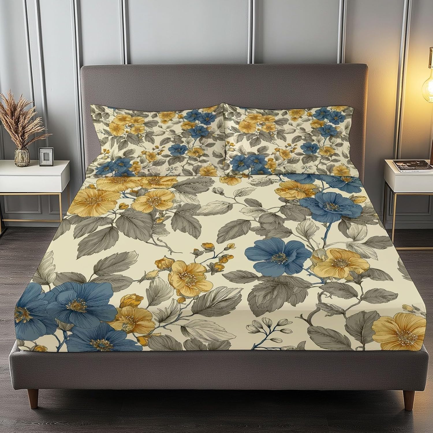 Flowers Fitted Sheet Retro Bed Sheets Deep Pocket 12 inch (30 cm) Soft Cozy 3 Piece Microfibre Bed Sheet 200x200 cm with 2 Pillowcases 50x75 cm