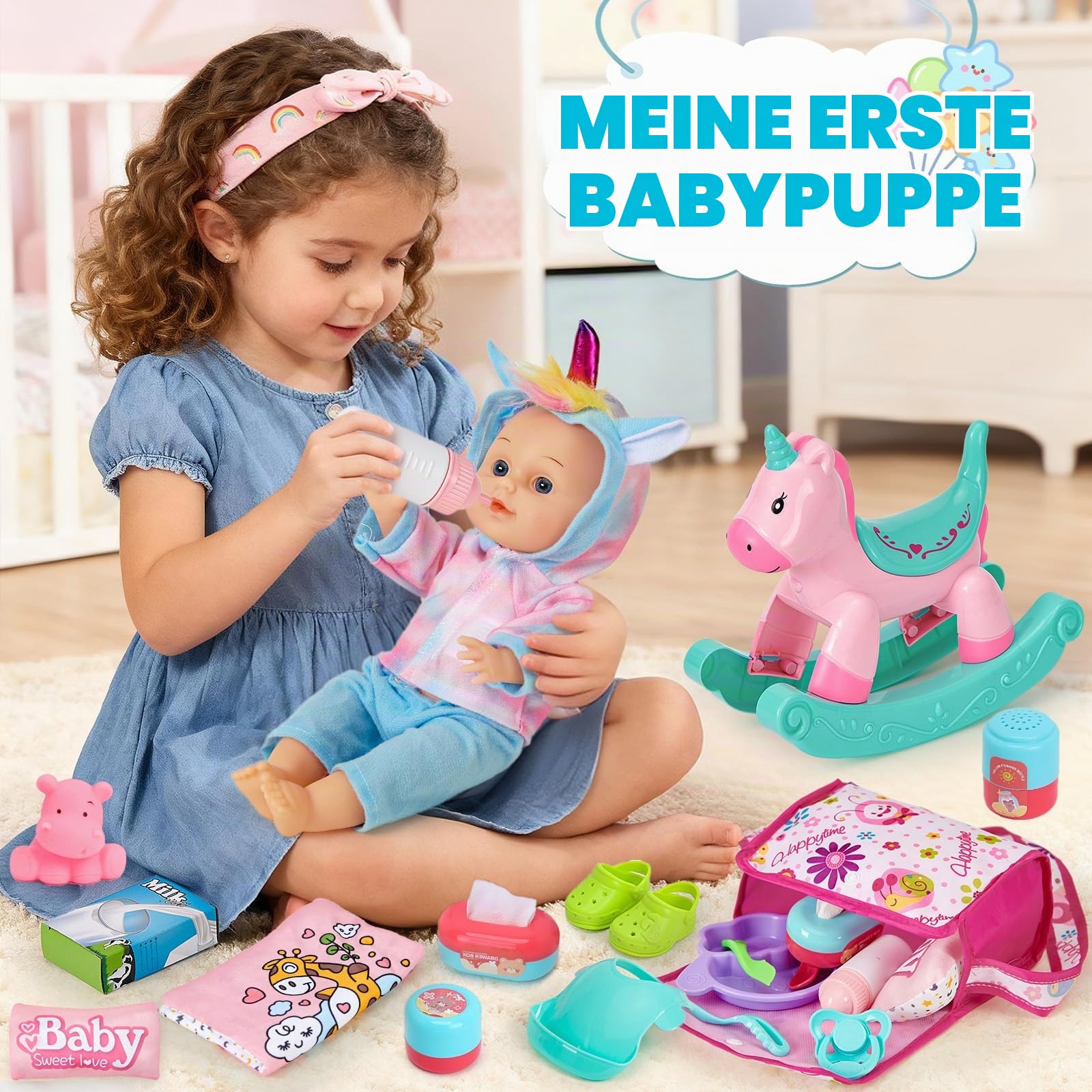 vamei Puppenzubehör für Baby Puppe, Puppen Zubehör mit Babypuppe & Puppenwagen & Schaukelpferd & Puppenkleidung, Fütterung und Pflege Set Rollspiel Spielzeug Geschenk Mädchen Kinder 2 3 4 5 6 Jahre