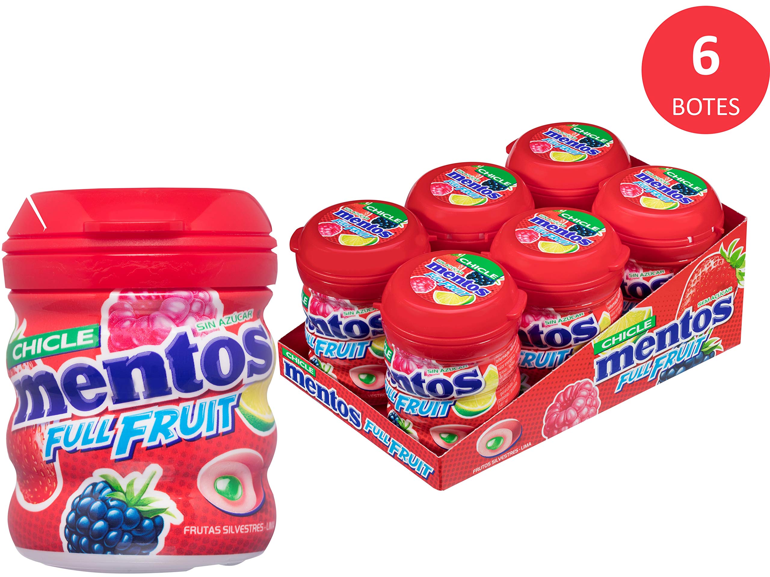 Mentos Bote Chicle Frutas Silvestres, Sin Azúcar - 6 unidades de 60 gr. (Total 360 gr.)