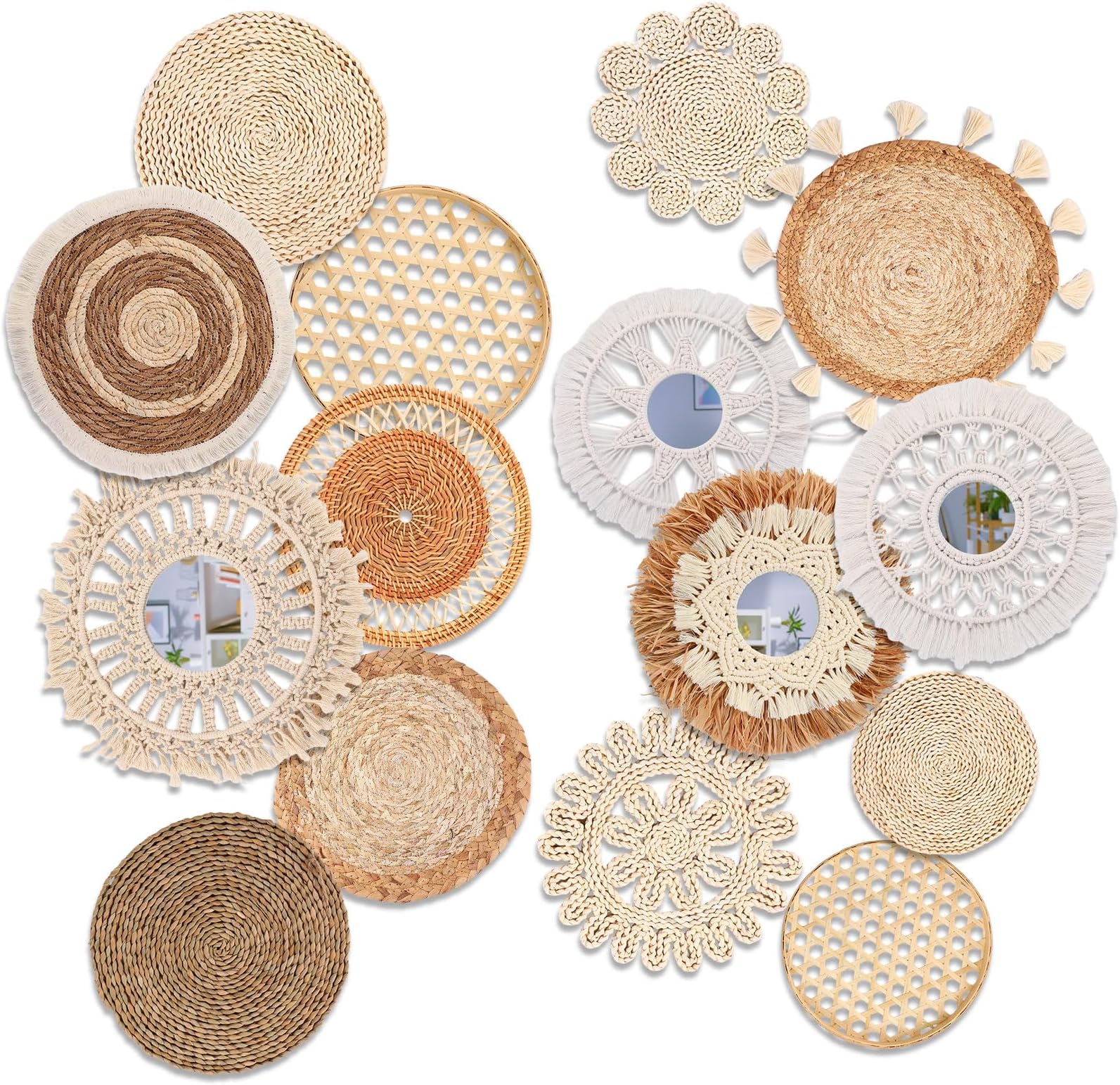 16 Set of Boho Wall Decor Hanging Baskets, Flat Round Boho Wall Basket with Tassels, Decorative Rattan Wall Hanging Woven Art Baskets for Bedroom Home Living Room Kitchen Wall Decor