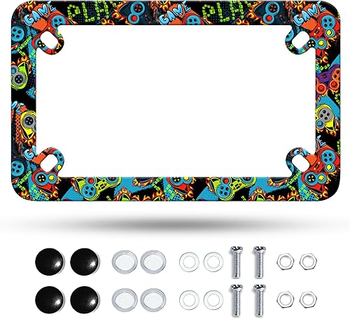 Miniatura 12 de Marco de matrícula de motocicleta con bandera americana retro en negro y blanco, marco de placa de matrícula de acero inoxidable, divertido soporte