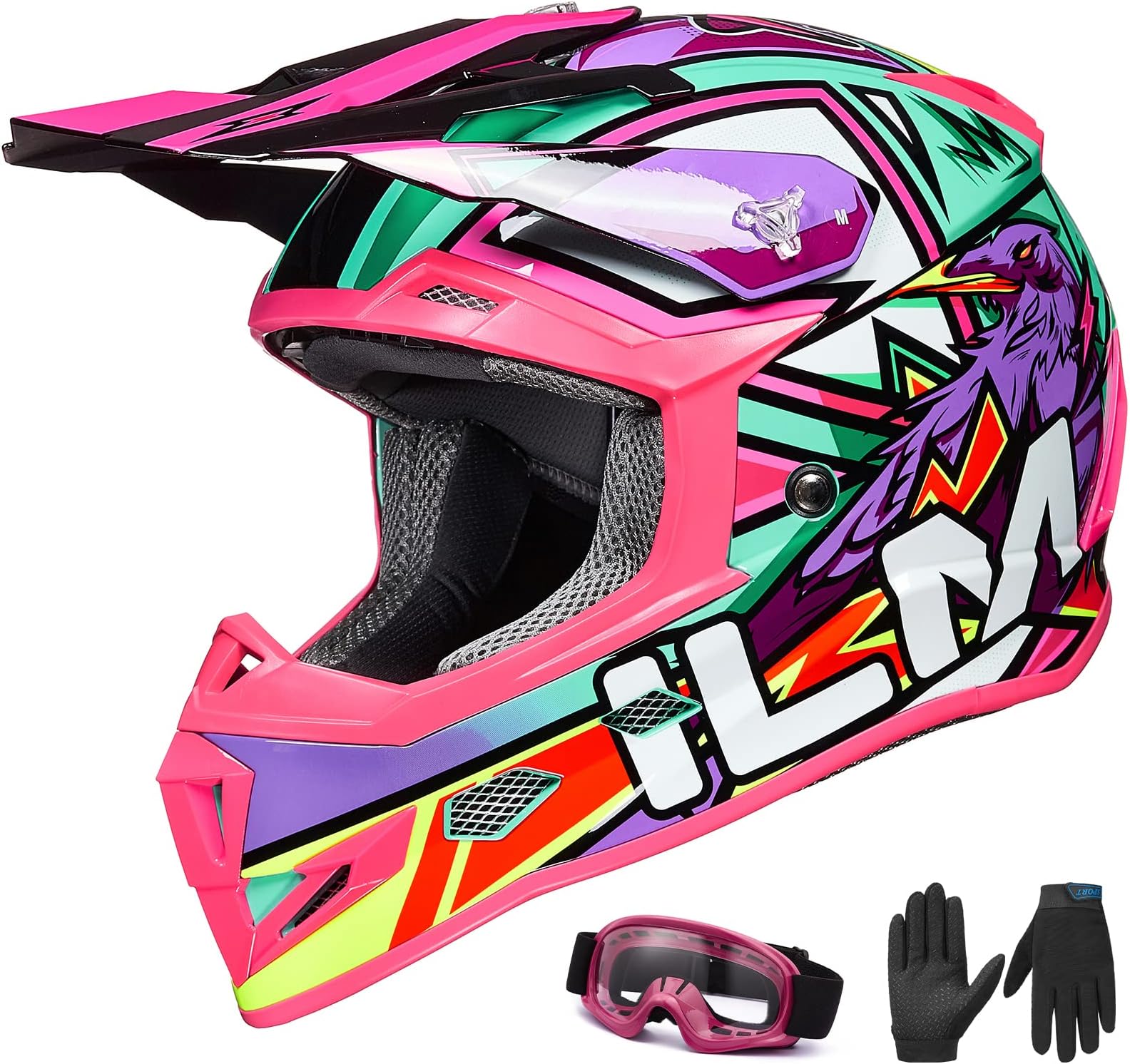 Youth Kids Dirt Bike Helmets ATV Motocross Motorcycle Off-Road Dirtbike Full Face Dot Four Wheeler Helmet Combo Gloves Goggles for Boys Girls Model H613