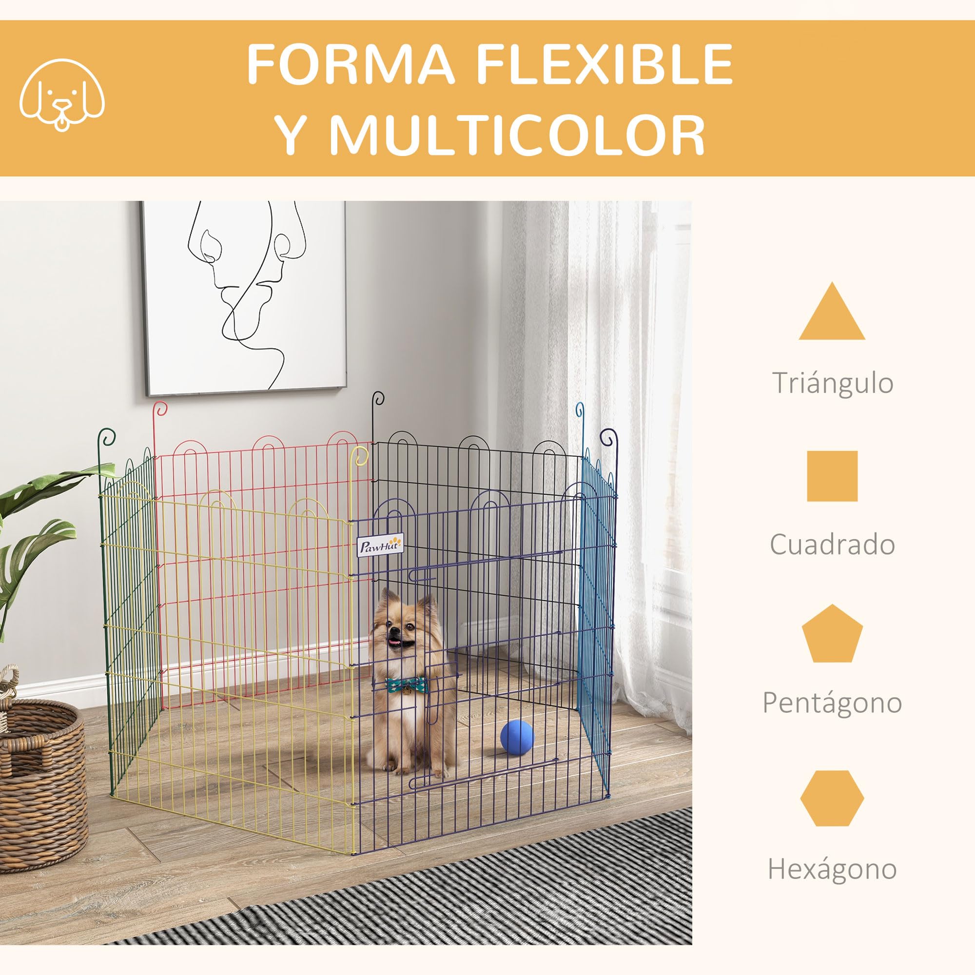 PawHut Parque Plegable para Perros de 6 Paneles, Ø120x60 cm, Valla Metálica para Cachorros, Conejos, Diseño DIY, con Puerta, Estacas, para Interior y Exterior, Multicolor