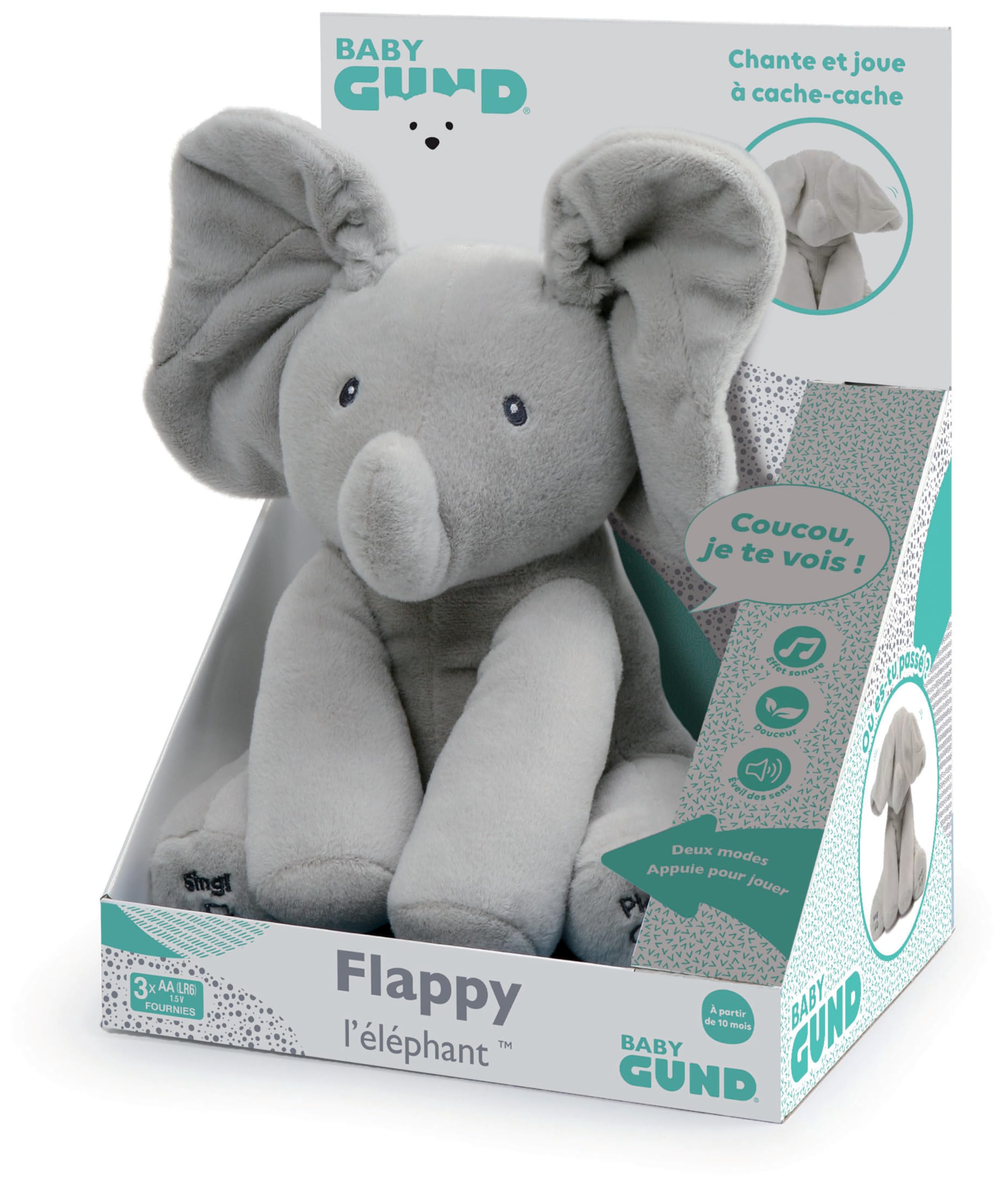 GUND - Flappy L'Éléphant - Peluche Interactive pour Bébé | Bouge Parle Et Chante En Français - Éveille Les Sens - Peluche Éléphant 30 Cm - Doudou Bébé - Piles - Jouet Bébé 1 An Et +