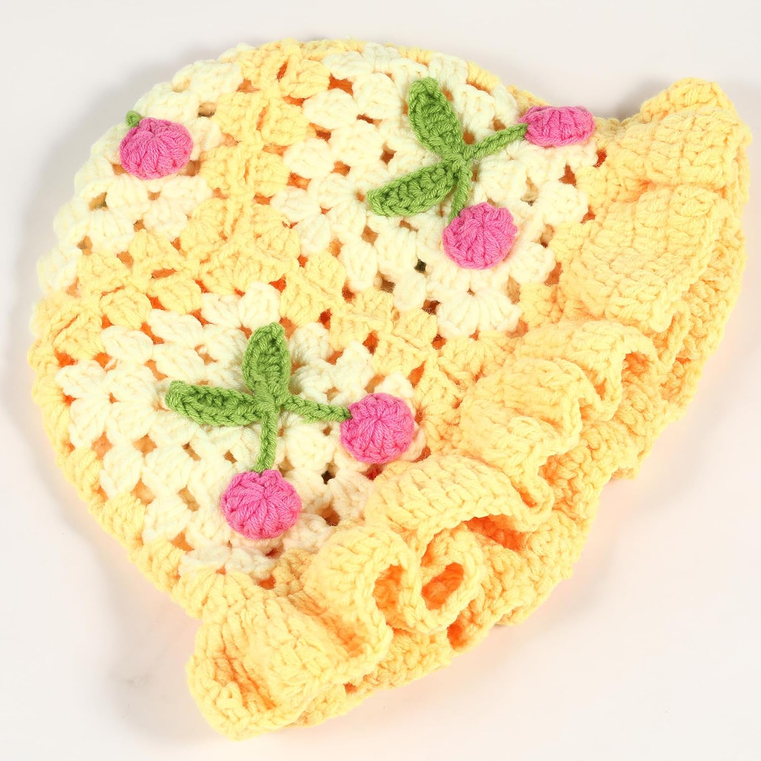Crochet Bucket Hat for Women Handmade Knitted Cherry Cap Elastic Cute