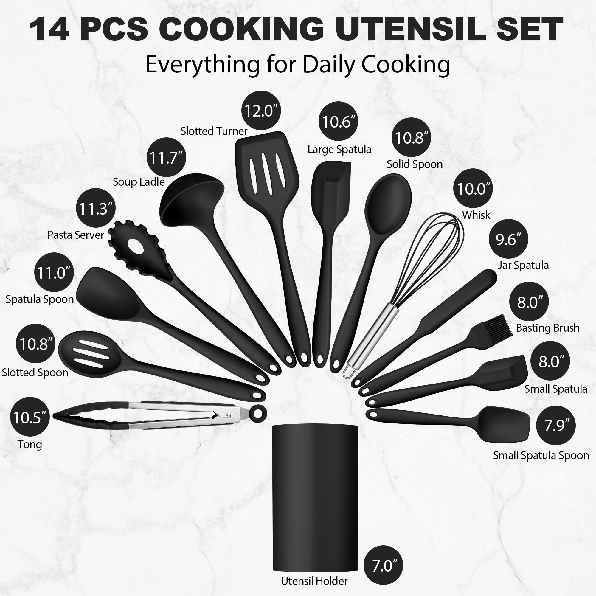 LIANYU Juego de 14 utensilios de cocina con soporte, utensilios de cocina de silicona resistentes al calor, incluye espátula, cuchara, batidor, pinzas, aptos para lavavajillas, color negro