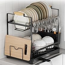 ★ Space-saving and Plenty of Storage★ Dish Drying Rack, 2 Tiers, Stainless Steel, Large Capacity, Automatic Draining, Kitchen Rack, Sink Side, Cutting Board Holder, Chopstick Stand, Kitchen Storage