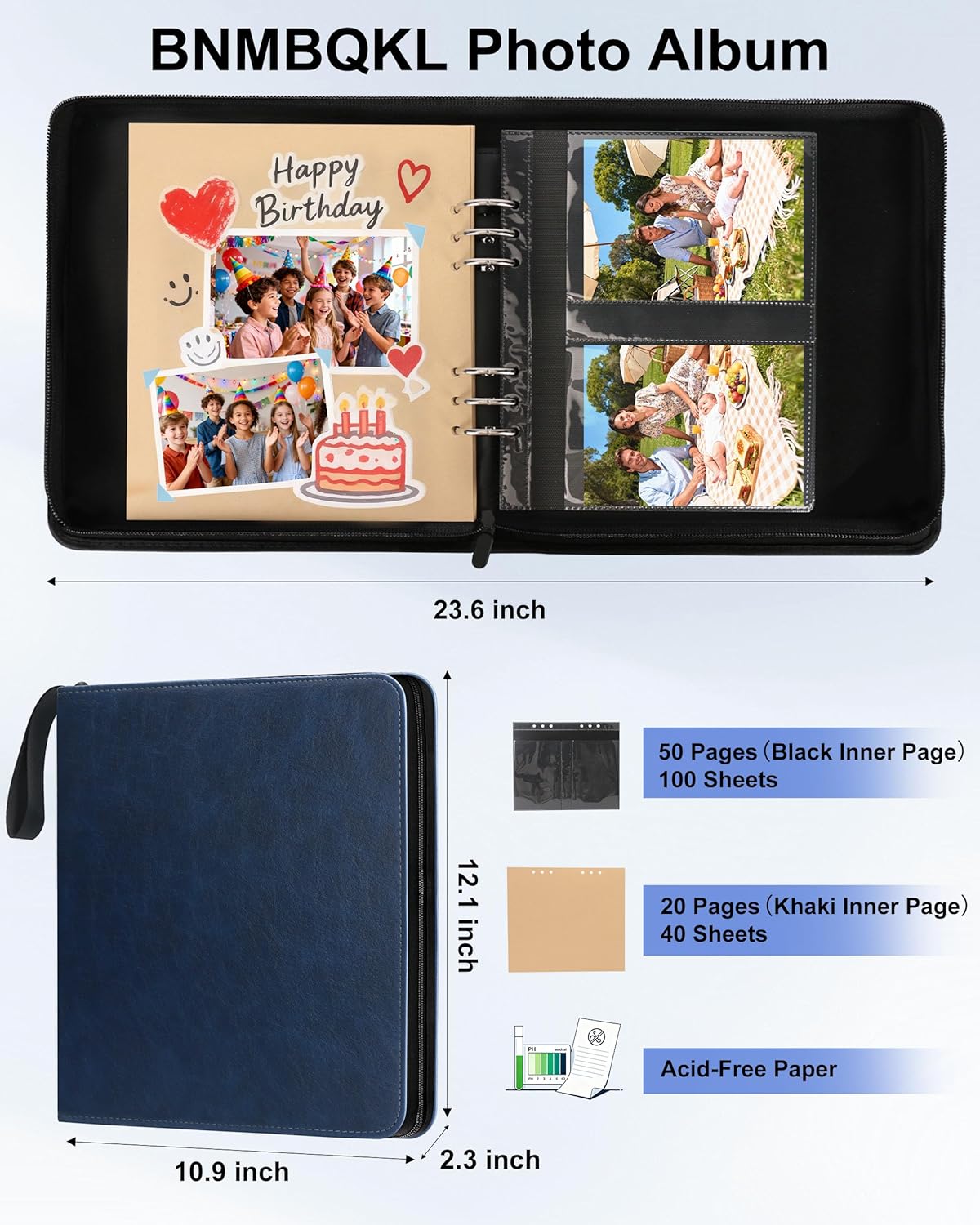 Leather Photo Album 4x6 200 Photos,Zipper Closure Photo Album Book with 50 Pages and 20 Blank Scrapbook Papers, Travel Souvenir Diary Photo Book for Family Wedding Baby and Holiday Pictures
