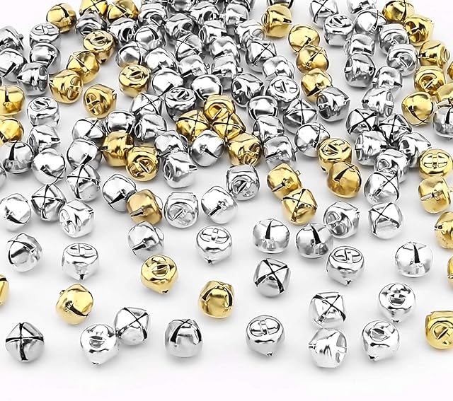SAVITA 200Pcs Christmas Jingle Bells, DIY Craft Bells for Wreath, Jewelry Making, Holiday Home and Christmas Decoration (150Pcs Silver and 50Pcs Gold, 0.5inch)