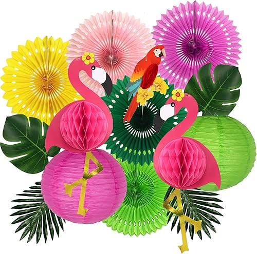 Decoraciones de fiesta de flamenco tropical, kit de fiesta de hojas de palma de loro, incluye linternas de papel de nido de abeja de flamenco,