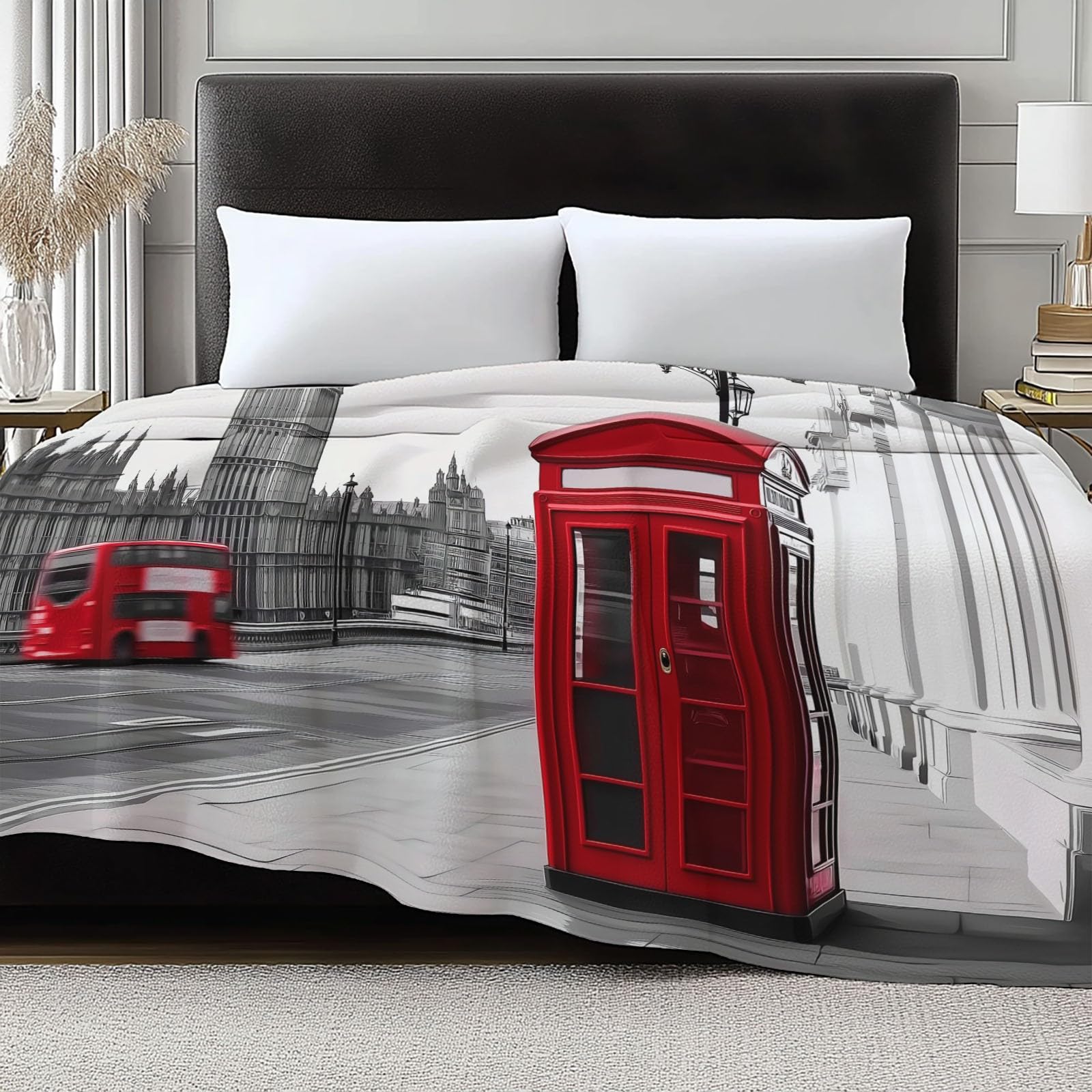 Coperta moderna con stampa London Streets, 200 x 200 cm, in morbido pile grigio, comoda e leggera, in flanella felpata, per letto, divano, perfetta per adulti e bambini, decorazione per la casa e
