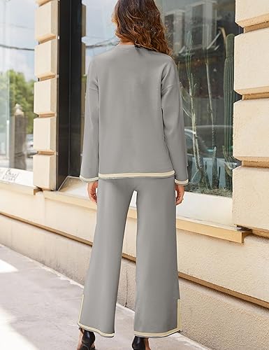 Miniatura 6 de Tanming Conjuntos de 2 piezas para mujer, suéter de punto de manga larga, pantalones de pierna ancha, conjuntos de ropa deportiva