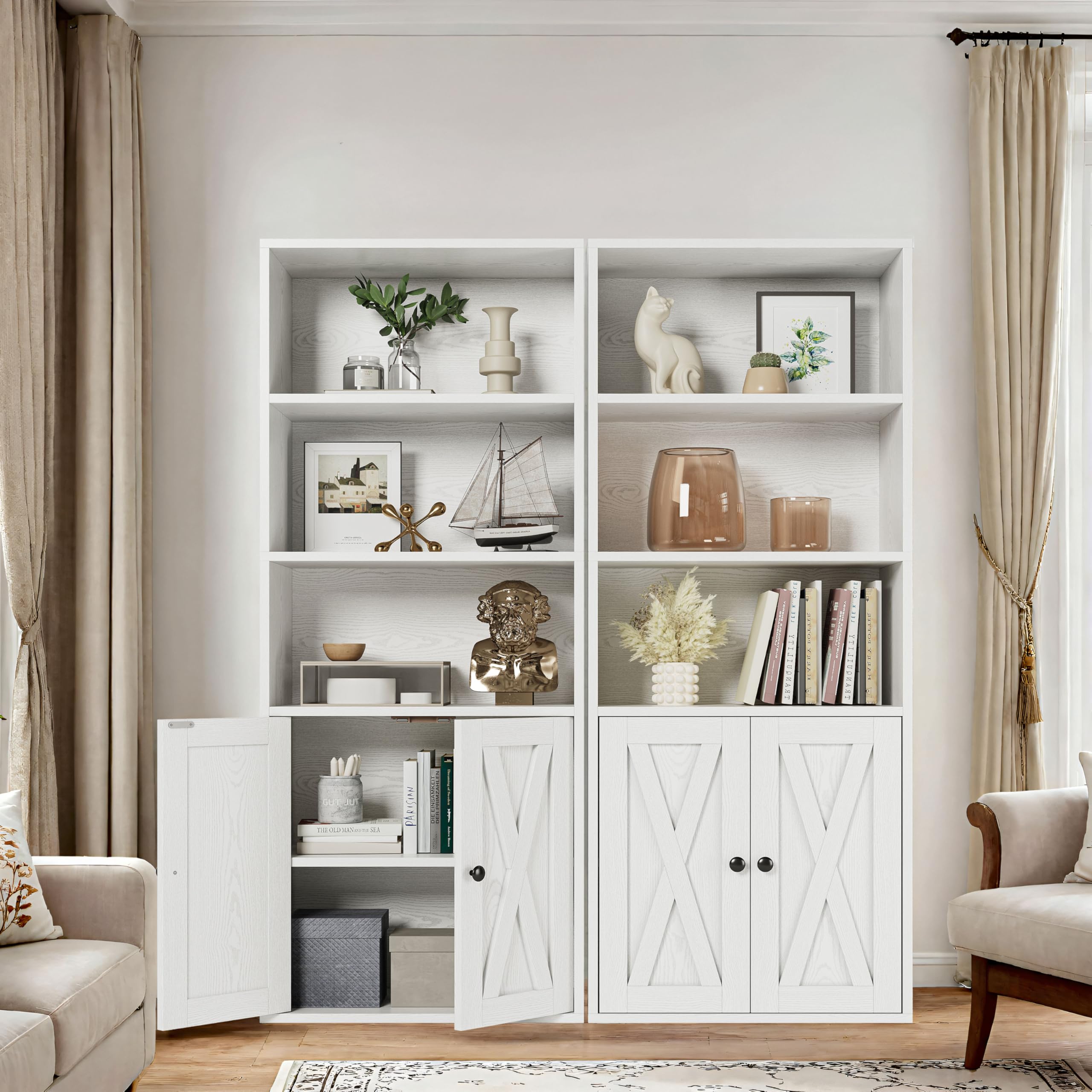 IRONCK Bücherregal mit 2 Türen, Standregal mit 5 Ebenen, Industriestil Bücherschrank, Vitrinenschrank Aufbewahrungsregal für Arbeitszimmer, Büro, Wohnzimmer, Schlafzimmer, Weiß