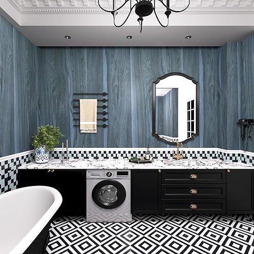 Miniatura 7 de BOMENG Papel tapiz azul pavo real para pegar y despegar, papel de contacto de grano de madera azul para gabinetes, papel tapiz de aspecto de madera