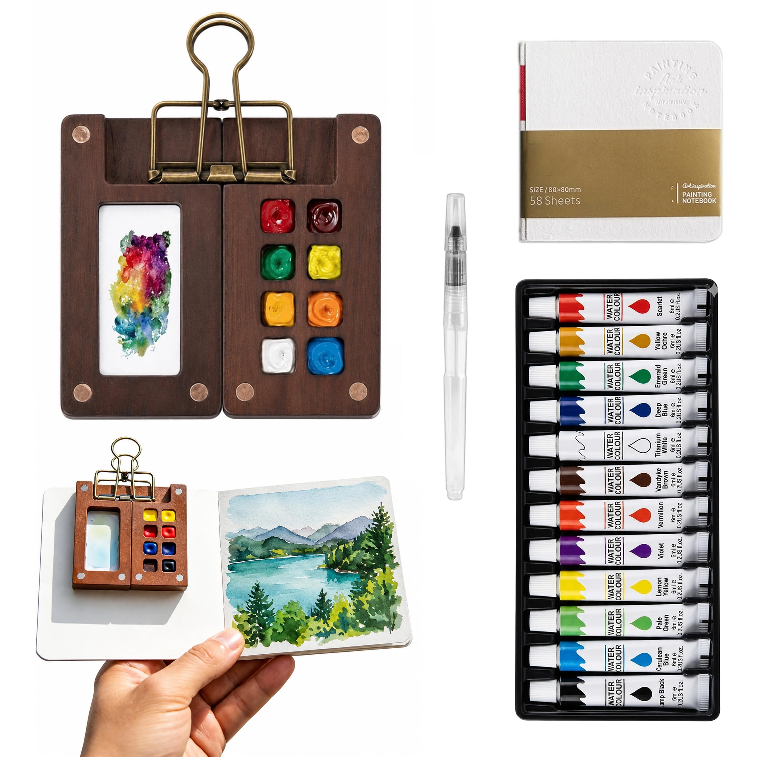 Pocket Watercolor Paint Set, 12 Colors Mini Travel Painting Kit with 8-Grid Palette, 58-Sheet/116 Page Sketchbook, Water Brush Pen and Binder Clip for Artists & Students-image-19