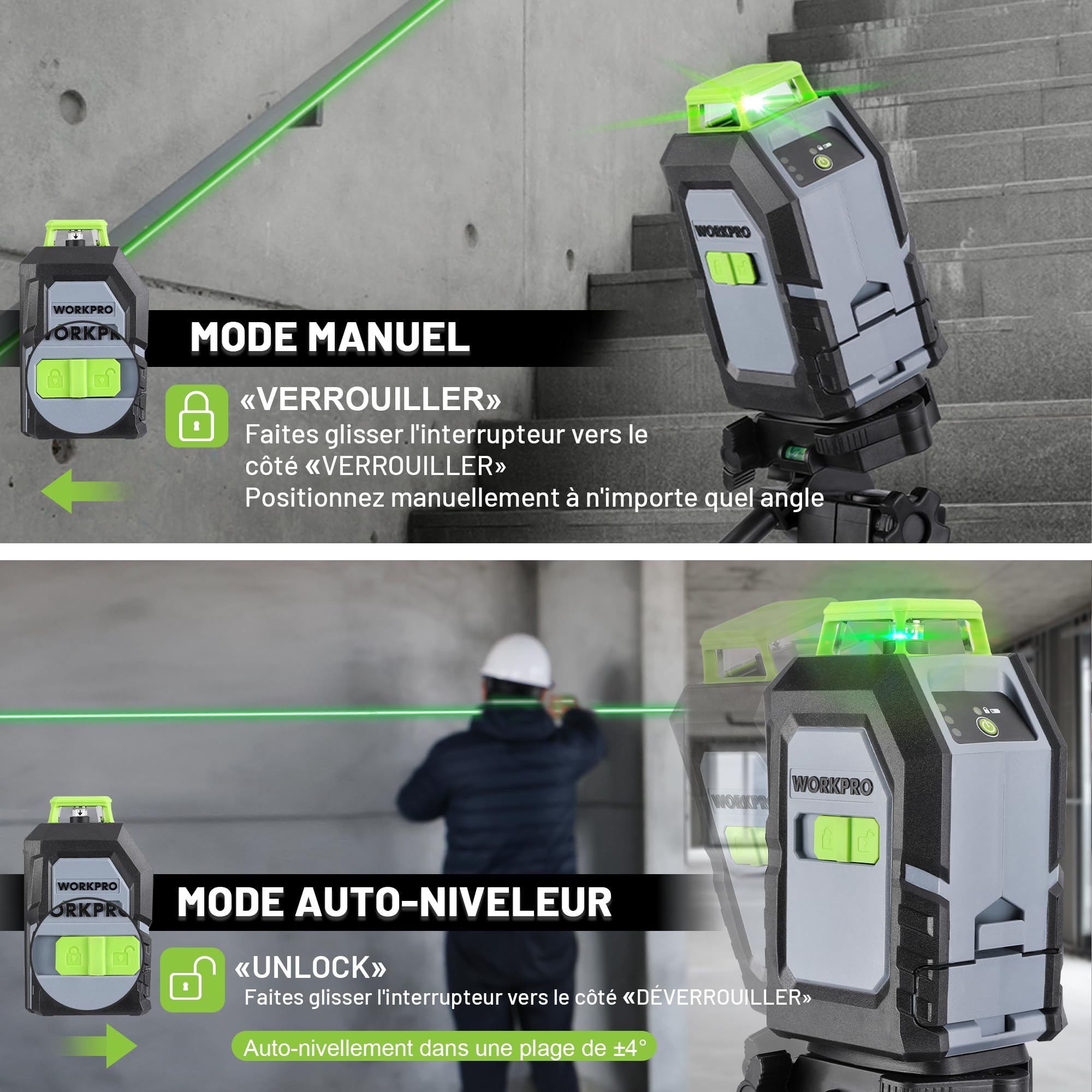 WORKPRO Niveau Laser 360° Autonivelant avec Trépied | Laser Chantier avec Horizontal et Vertical Laser, Plaque Cible, Lunettes Vertes, Idéal pour Décoration, Plafonds, Carrelage