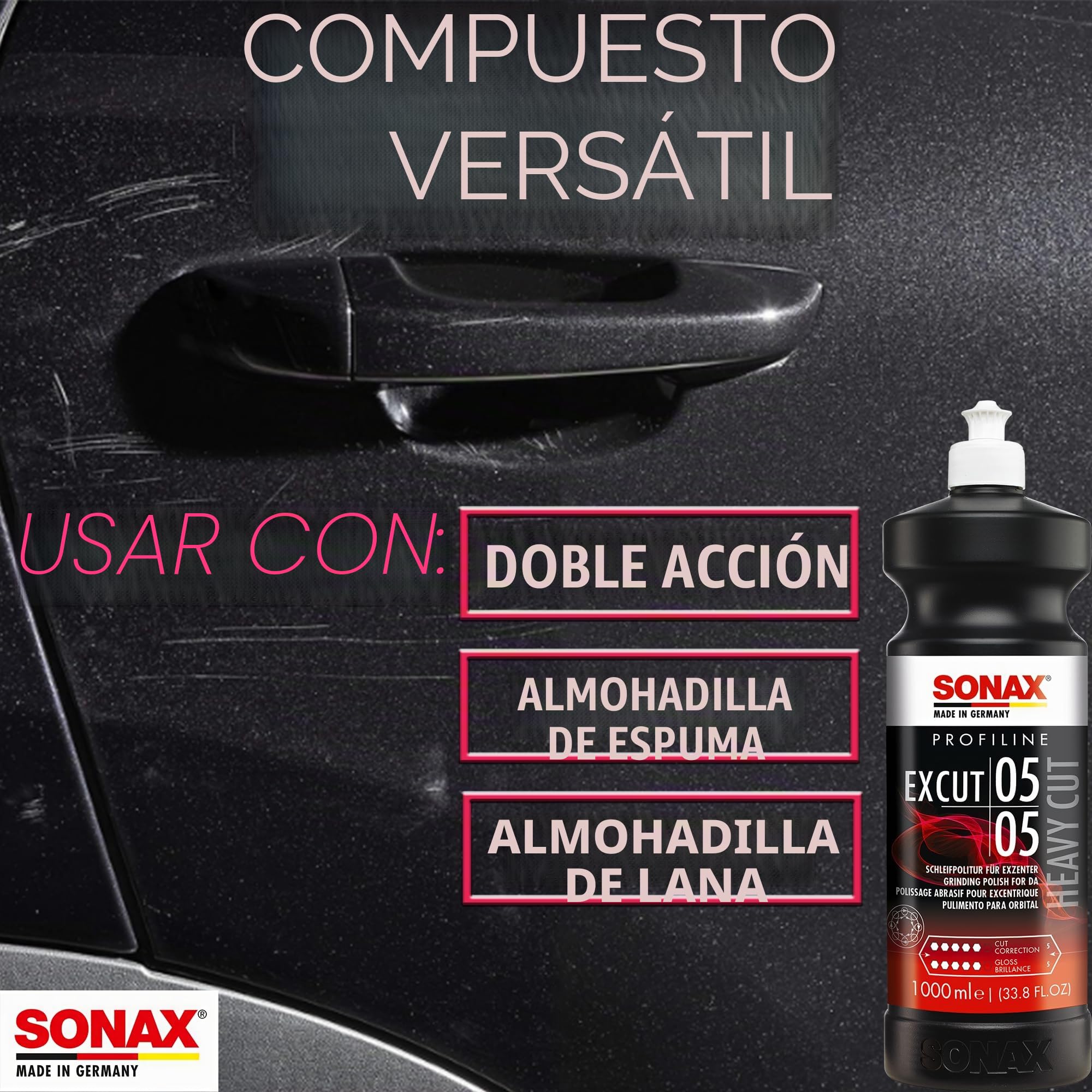 SONAX PROFILINE ExCut 05-05 (1L) pasta de lijado abrasiva | Para pulidoras excéntricas en combinación con la almohadilla de lana híbrida. Elimina las zonas lijadas de hasta P1500.