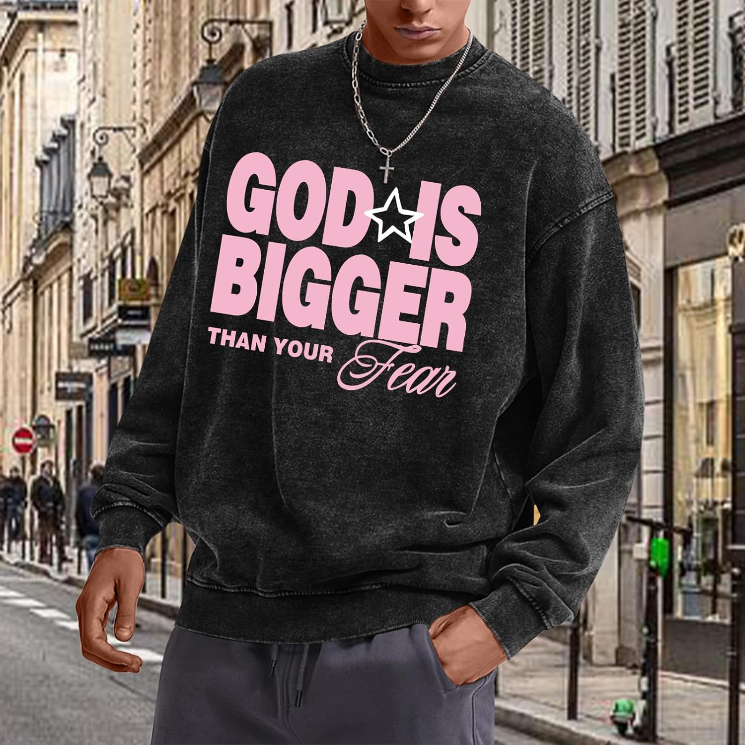 Oversized Christian Sweatshirts for Men Faith Acid Wash Crewneck Sweatshirt Bible Verse Inspirational Streetwear Top - Image 4