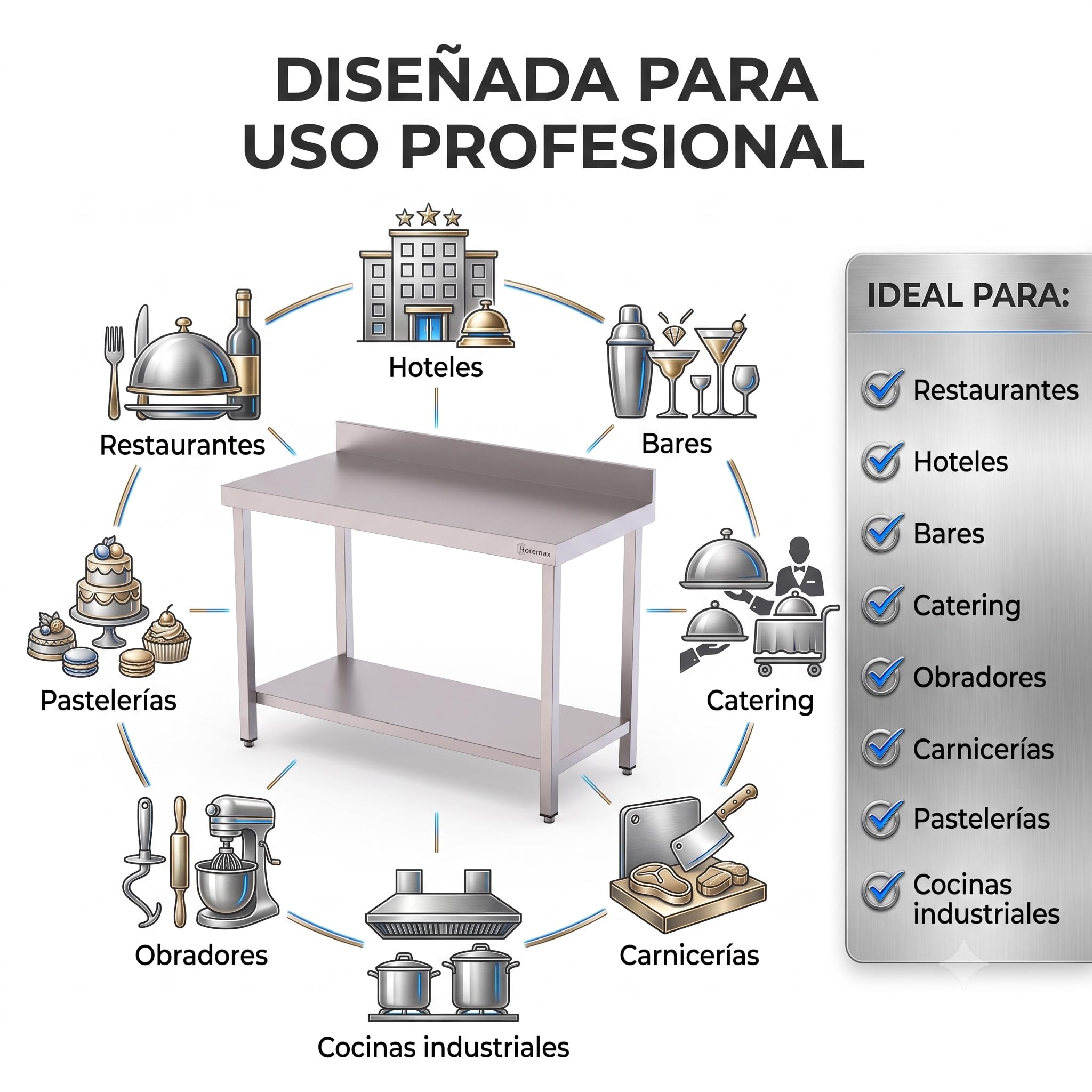 Mesa de Trabajo Mural en Acero Inoxidable AISI 304 para hostelería 100 x 70 x 85 cm, encimera Profesional con Peto Trasero de 10 cm, Estante Inferior Reforzado y Patas Regulables