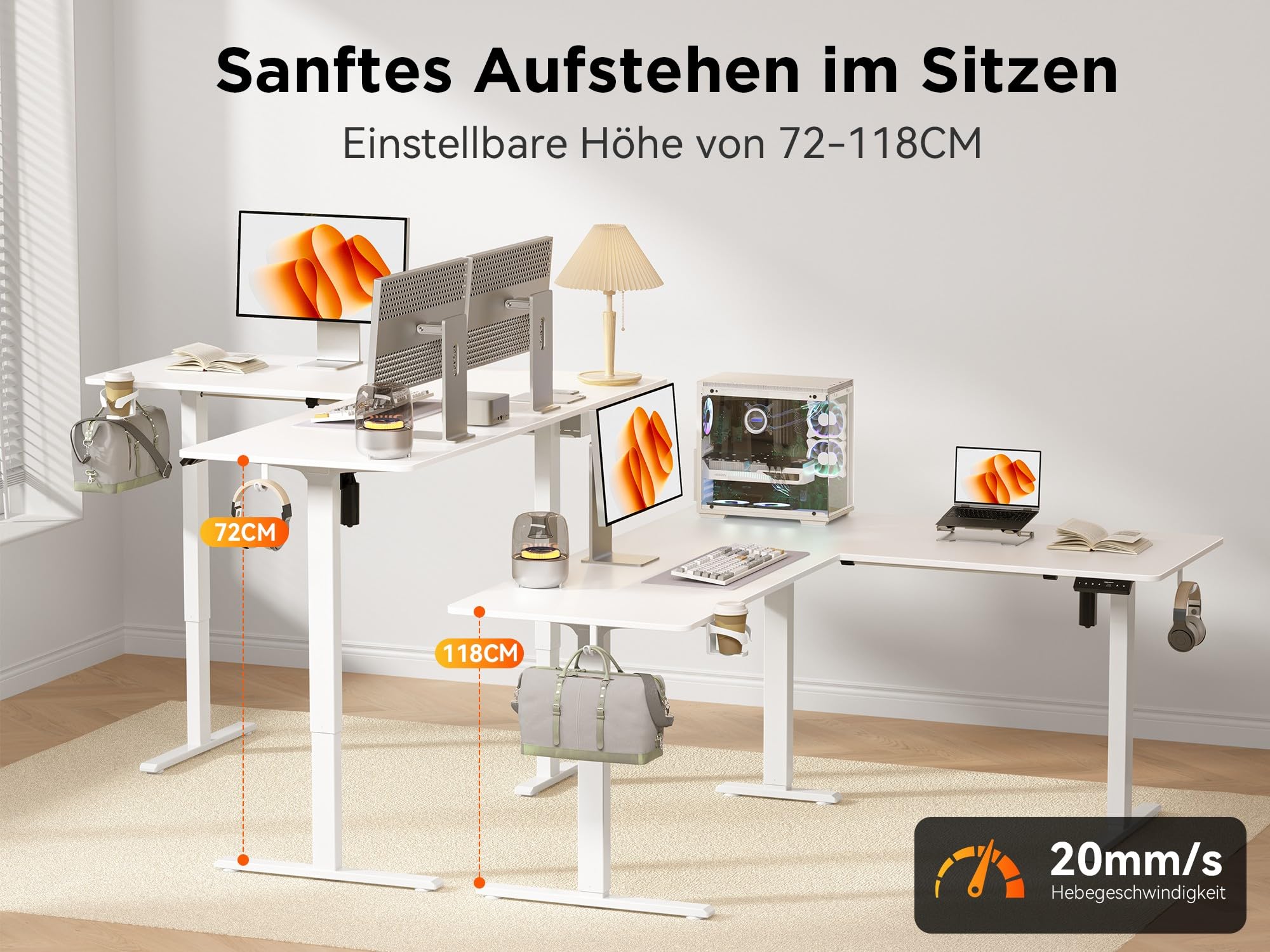 WALKINGDESK Bureau électrique en L, 135 x 115 cm Bureau d'angle Assis Debout, Ergonomique Bureaux Réglable en Hauteur, Standing Desk avec 4 Contrôles de Mémoire, 2 Crochet, Blanc