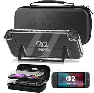 RHOTALL Schwarz Premium Schutzhülle für Nintendo Switch 2 (2025) 7,9 Zoll – Robuste Hartschalen-Tragetasche mit 10 Spielkartenfächern, Transparente Hartschalenhülle, Schutzfolie & 8 Daumenkappen